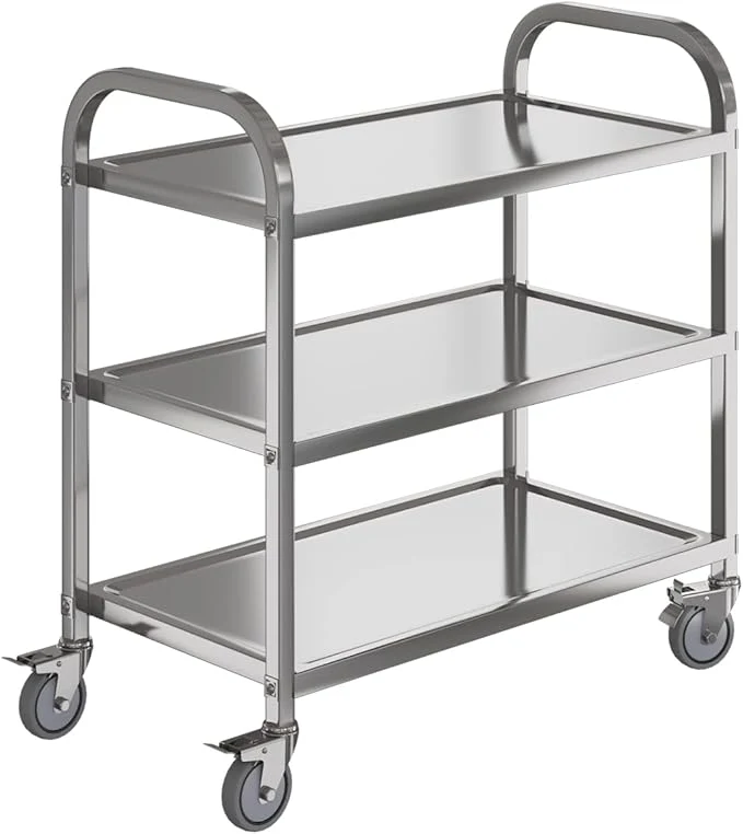 Unique Heavy Duty Stainless Steel Utility cart，Industrial Serving cart with Wheels 3 Shelf 360°Rotation Storage Trolley with Locking Wheels 500 lbs Capacity，1MM Thick 33.5 17.4 35.4' L W H.About ThisOverview Minimalist