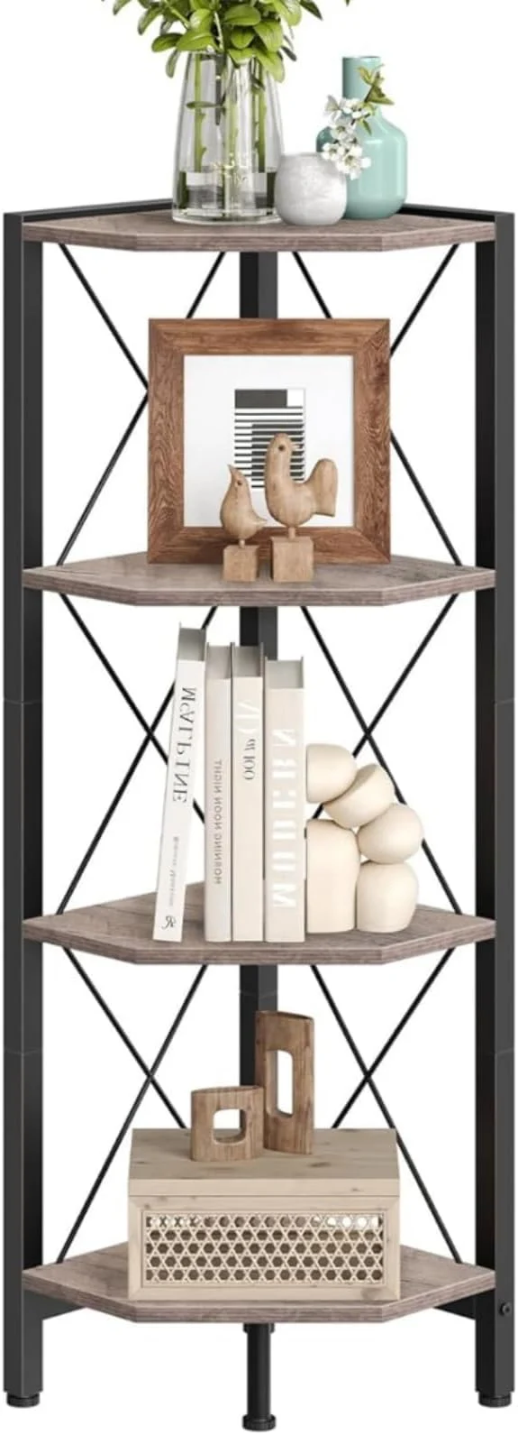 First-Class 4-Tier Corner Shelf Corner Bookcase 43.3 Tall Vertical Display Rack Plant Stand Open Storage Shelf for Living Room Bedroom Study Kitchen Greige and Black TCJ14BGAbout ThisOverview Natural