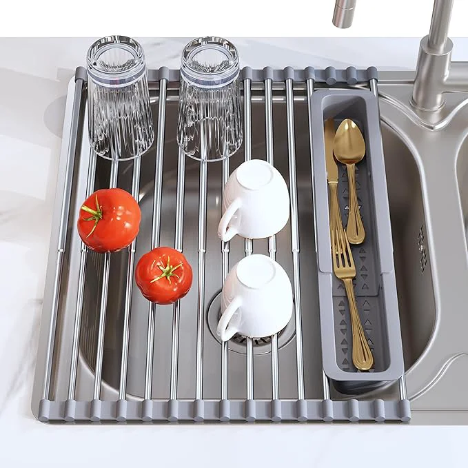 Fast JASIWAY Roll Up Dish Drying Rack Expandable 12.8 -23.8 D x 12.8 W Stainless Steel Portable Drainer for Kitchen Sink Counter Foldable Over The Sink Cover with Removable Utensil HolderAbout ThisOverview Fine Crafted