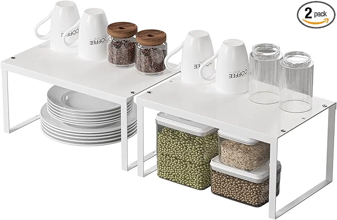 Reusable Cabinet Organizer Shelf Set of 2 Cabinet Shelves Stackable Metal Kitchen Counter Organizer Adjustable Countertop Cupboard Pantry Shelf Riser Storage Rack WHiteAbout ThisOverview Durable