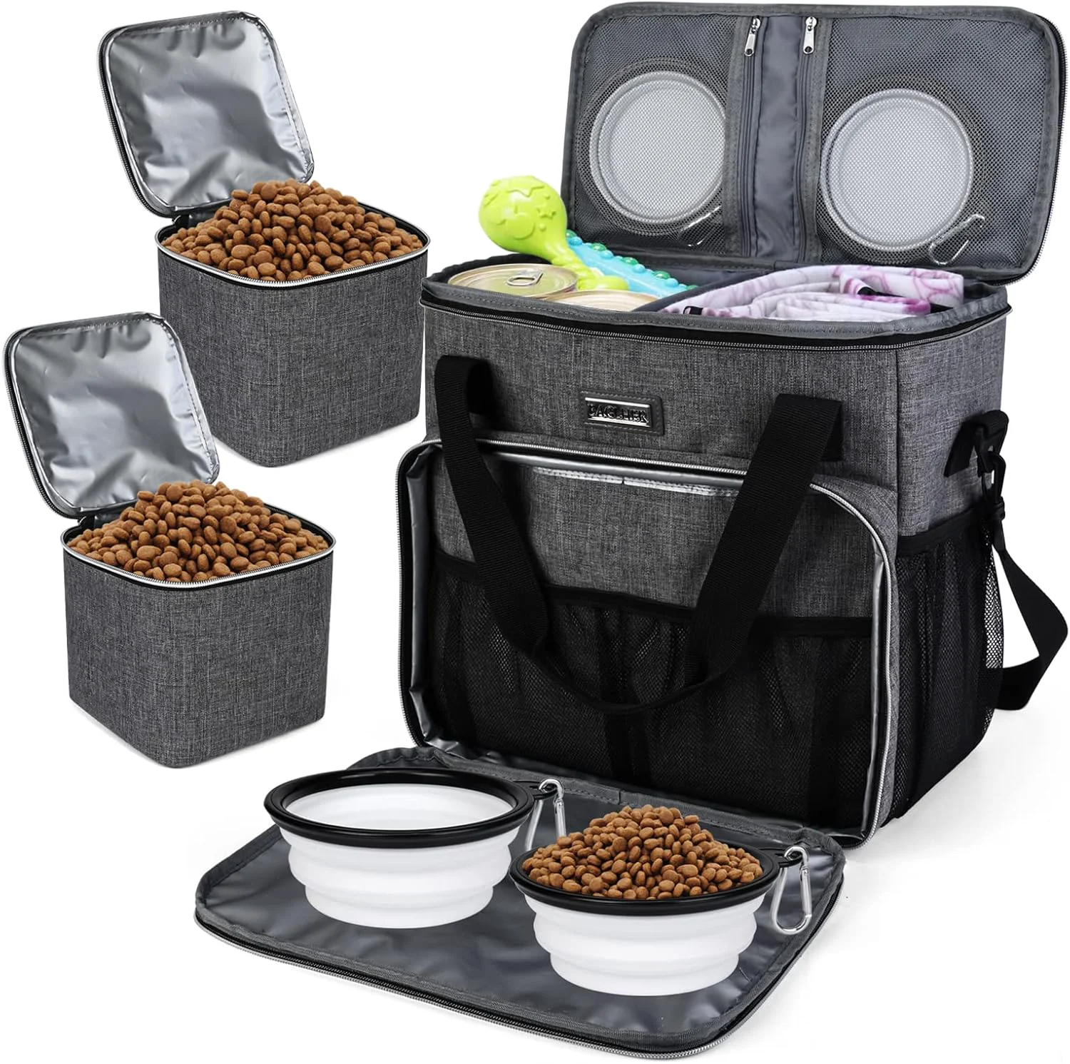 Optimized Dog Travel Bag Pet Travel Bag ALL Pet Travel Supplies With 2 Pet Food Containers and 2 Collapsible Silicone Bowls Essential Kits for Pet Travel GreyAbout this item Expertly Made