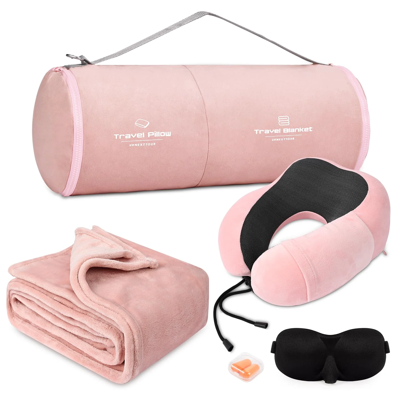 Genuine urnexttour Travel Pillow and Blanket Set – Memory Foam Neck Pillow 43x60 Blanket Eye Mask Earplugs Official