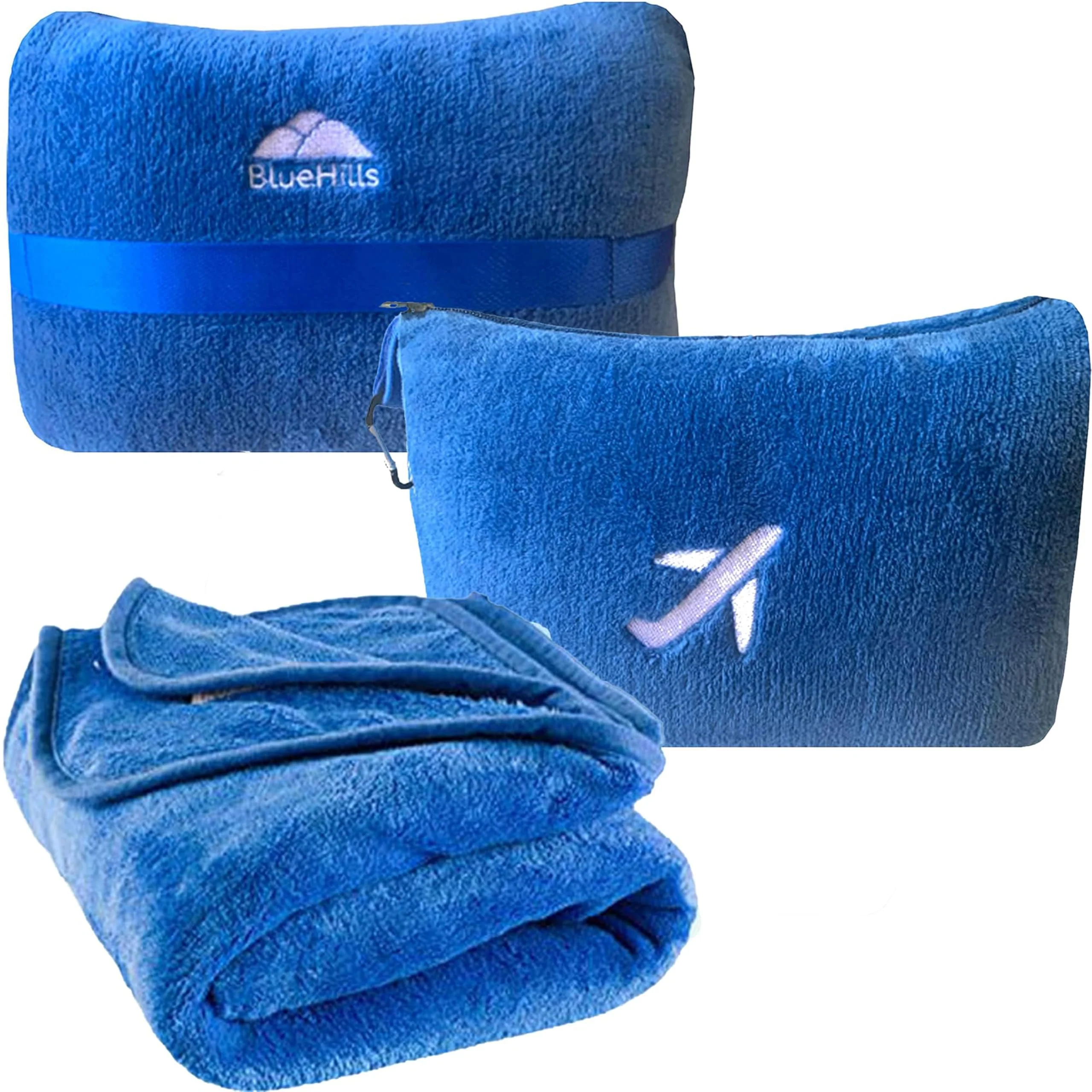 Enhanced BlueHills 2-in-1 Travel Blanket and Pillow Set – Soft Plush Compact Case with Luggage Belt Backpack Clip Clean