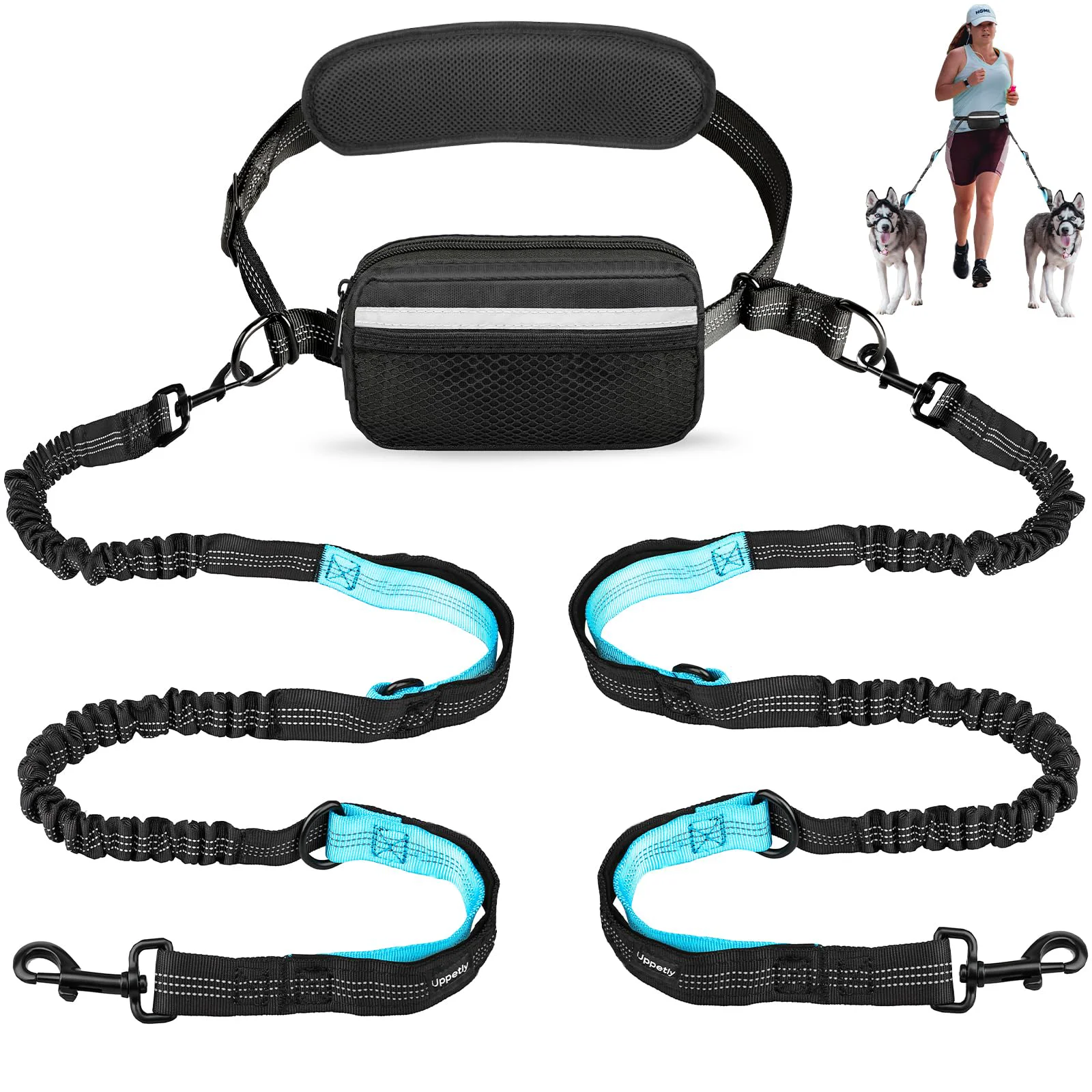 Comfortable Uppetly Hands Dog Leash with Adjustable Waist Belt – Dual Handles Reflective 25-120 lb Modern