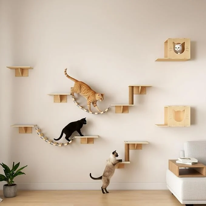 Advanced Cat Wall Shelves Wood 8-in-1 Cat Wall Furniture Set Large Cat Shelves Verified