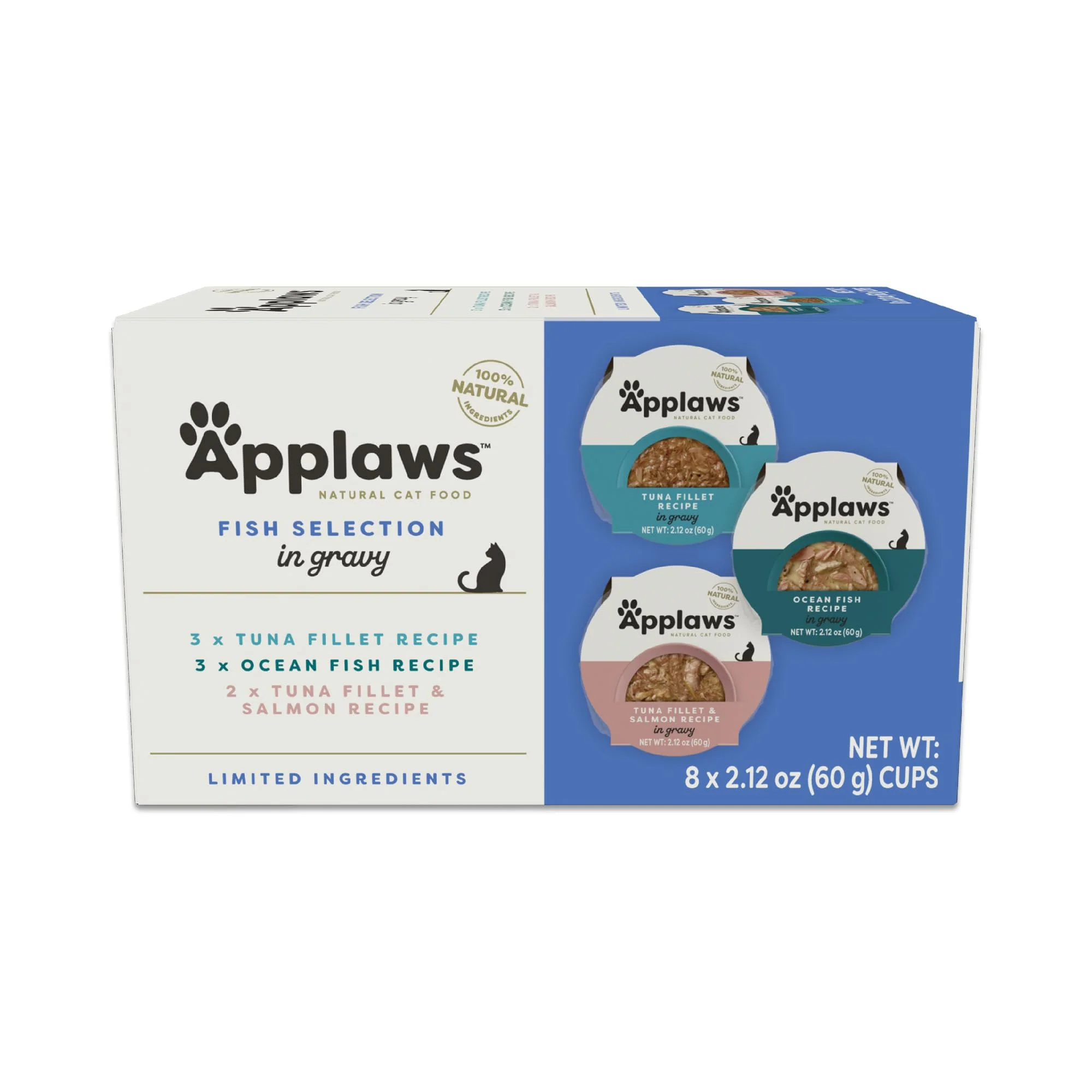 Healthy Applaws Natural Wet Cat Food in Gravy — High-Protein Limited Ingredients No Artificial Additives 8x2.12 oz Easy-Open Cups Sustainable