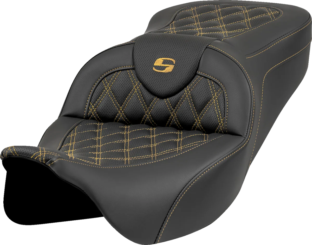 Recyclable SADDLEMEN Roadsofa Seat - Lattice Stitch - Gold Stitch - w o Backrest - FL '08-'23 808-07B-18207 Breathable