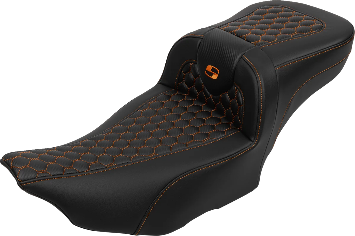 Solid SADDLEMEN Roadsofa Extended Reach Seat - with Backrest - Honeycomb - Orange Stitch - FLTR FLHX '23-'24 823-07-190B3 Modern