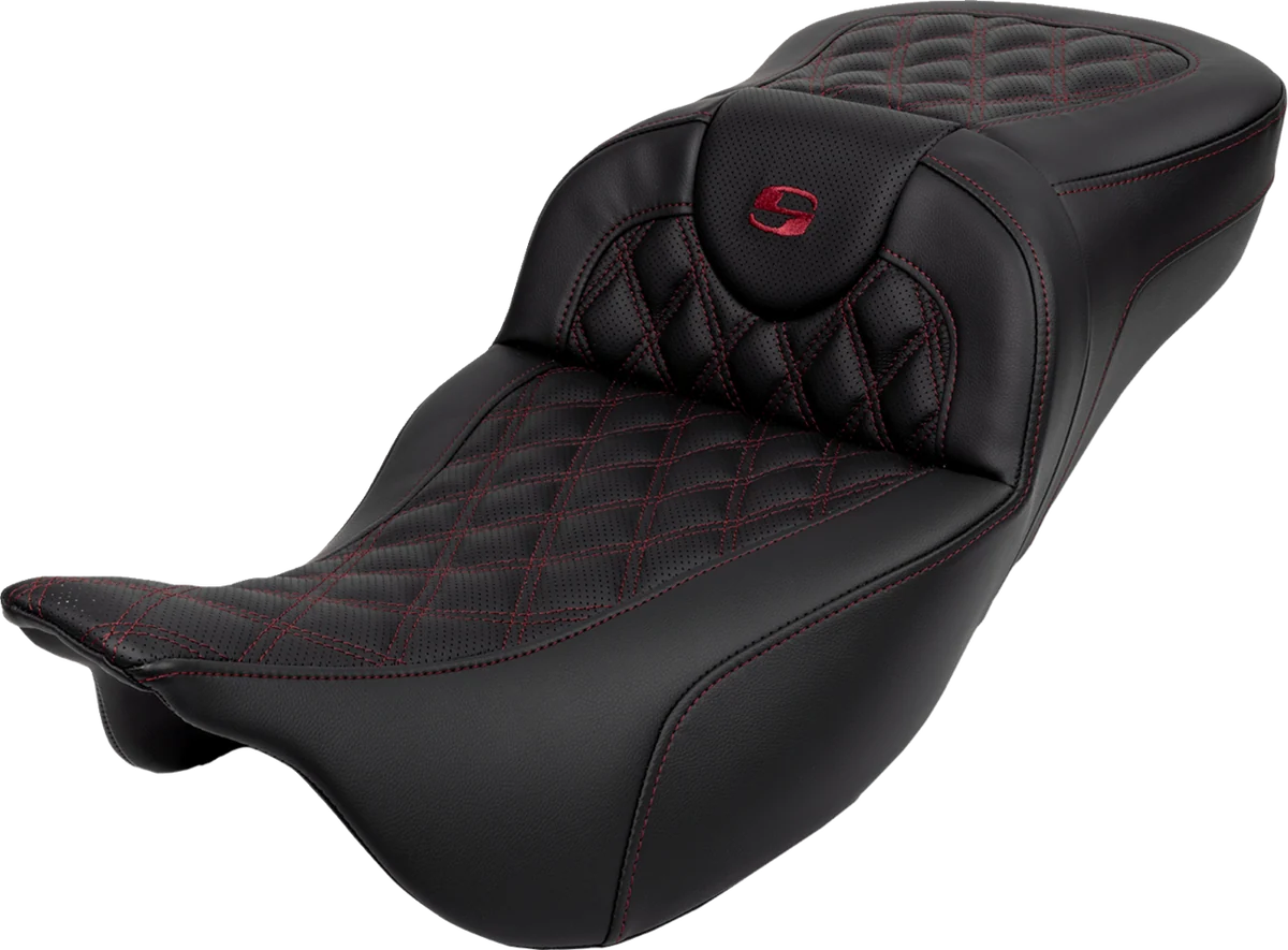 Safe SADDLEMEN Roadsofa Extended Reach Seat - Lattice Stitch - Wine Berry Stitch - with Backrest - FL '08-'23 808-07B-184B8 Elite