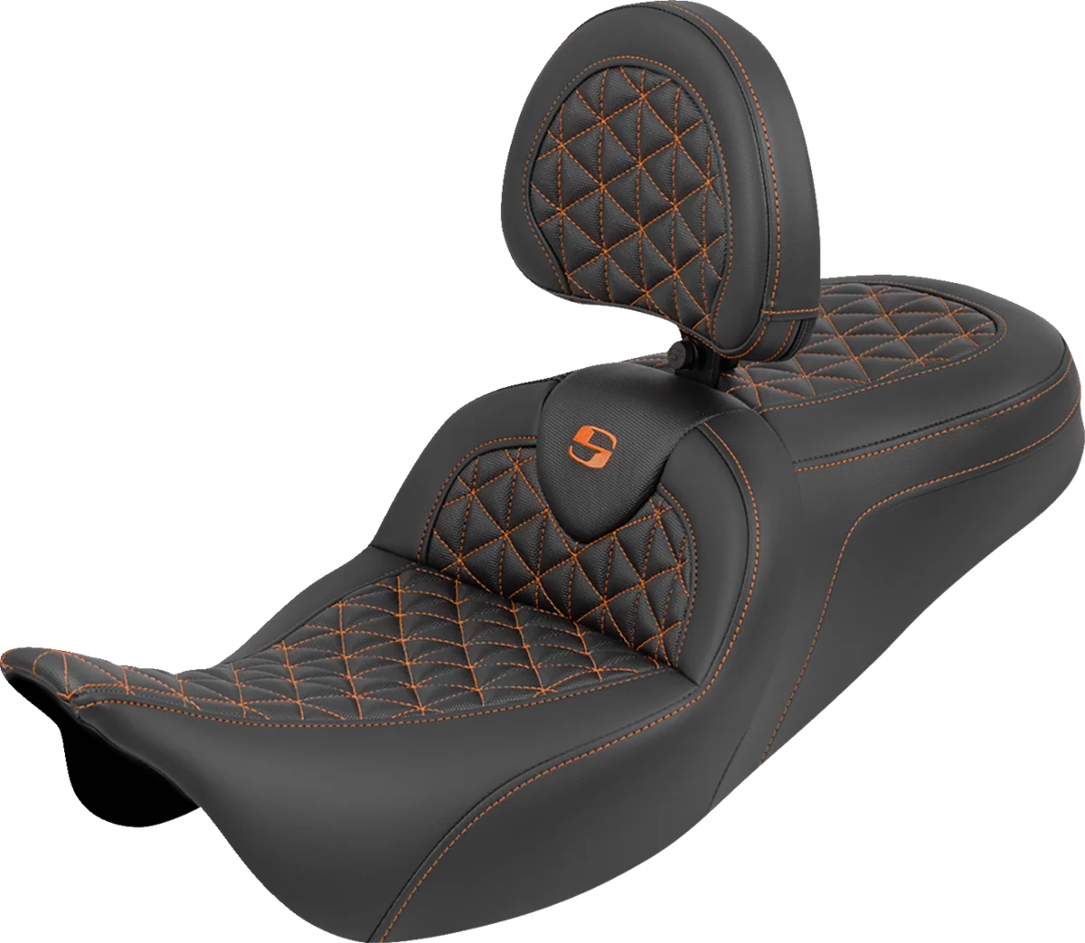 Crafted SADDLEMEN RoadSofa™ Tri Gripper Seat - Standard Reach - Orange Stitch - w Backrest - FLH FLT '08-'25 808-07B-210B3 Official