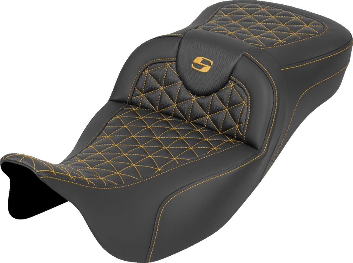Detailed SADDLEMEN RoadSofa™ Tri Gripper Seat - Extended Reach - Gold Stitch - w o Backrest - FLH FLT '08-'25 808-07B-21107 High-Performance