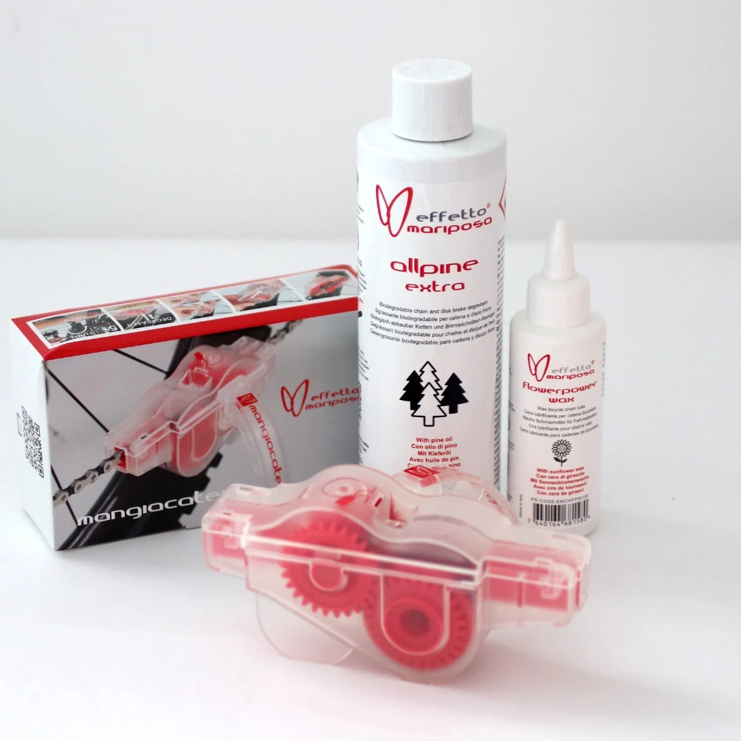 Reusable Chain Care Essentials Pack with Mangiacatena Tool Allpine Extra Degreaser and Flowerpower Wax Clean