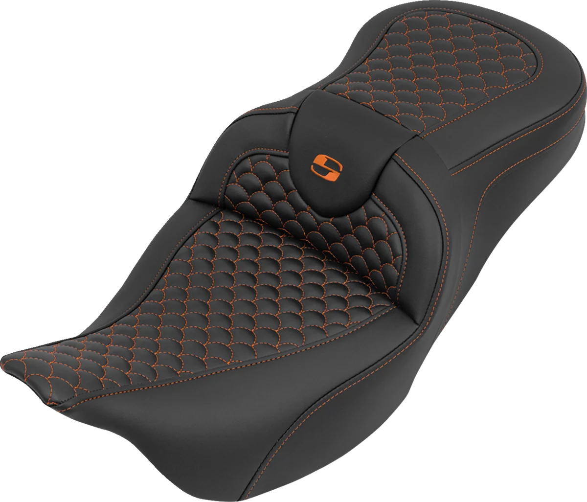 Contemporary SADDLEMEN Roadsofa™ Seat - without Backrest - Dragon Stitch - Orange Stitch - FLH FLT '08-'25 808-07B-20803 Innovative