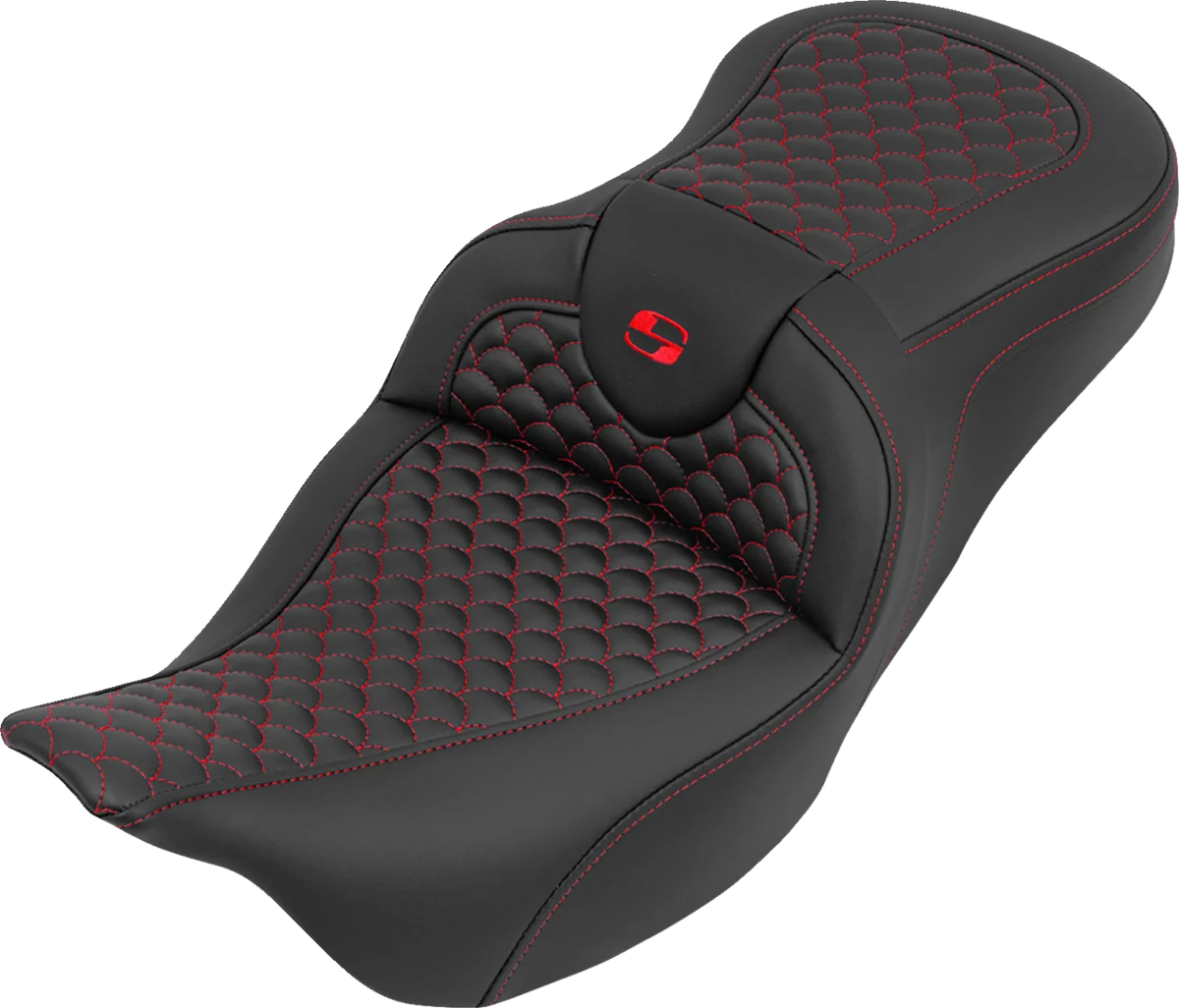 Top-Quality SADDLEMEN Roadsofa™ Seat - without Backrest - Dragon Stitch - Red Stitch - FLH FLT '08-'25 808-07B-20804 Fine