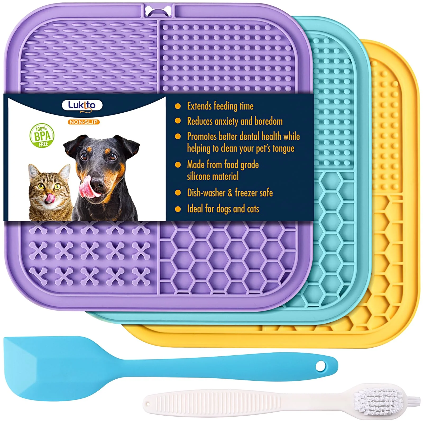 Green LUKITO Lick Mat for Dogs Cats — Large 3-Pack Suction Cups Slow Feeding Enrichment Secure