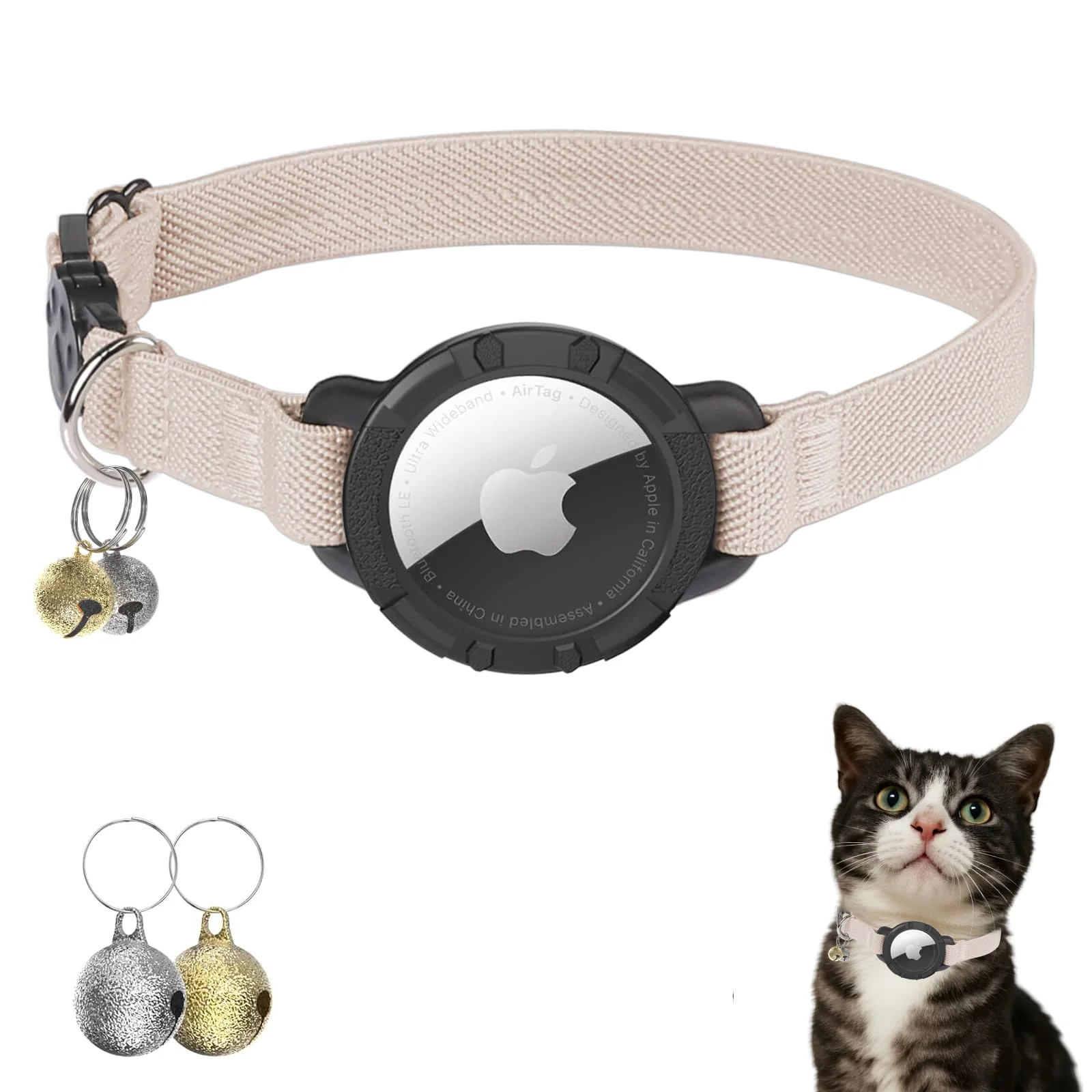 Traditional sucegi AirTag Cat Collar — Stretchy Breakaway GPS Collar with AirTag Holder Bell 7.5–12.5 in Khaki Professional