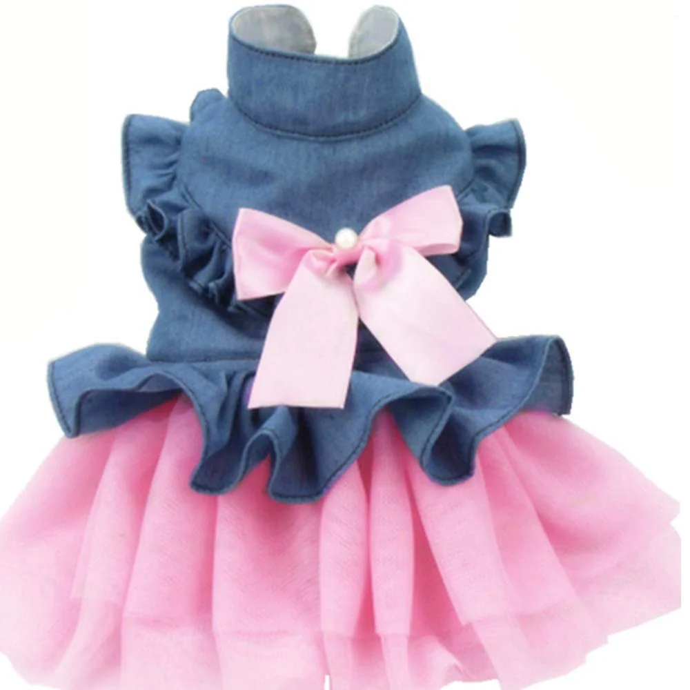 First-Class ANIAC Pet Denim Dress with Bow-Knot - Large for Cats Small Dogs Flexible