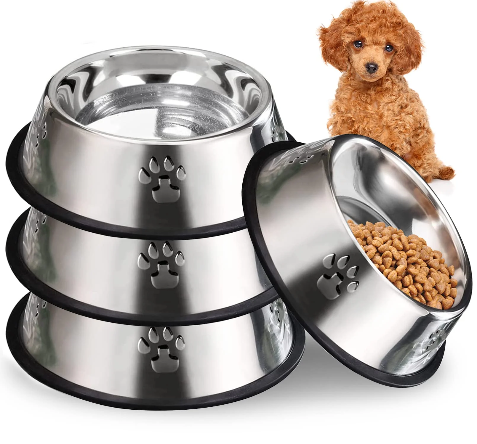 Relaxed Hamiledyi 4-Pack Stainless Steel Pet Bowls with Non-Slip Rubber Base Classic