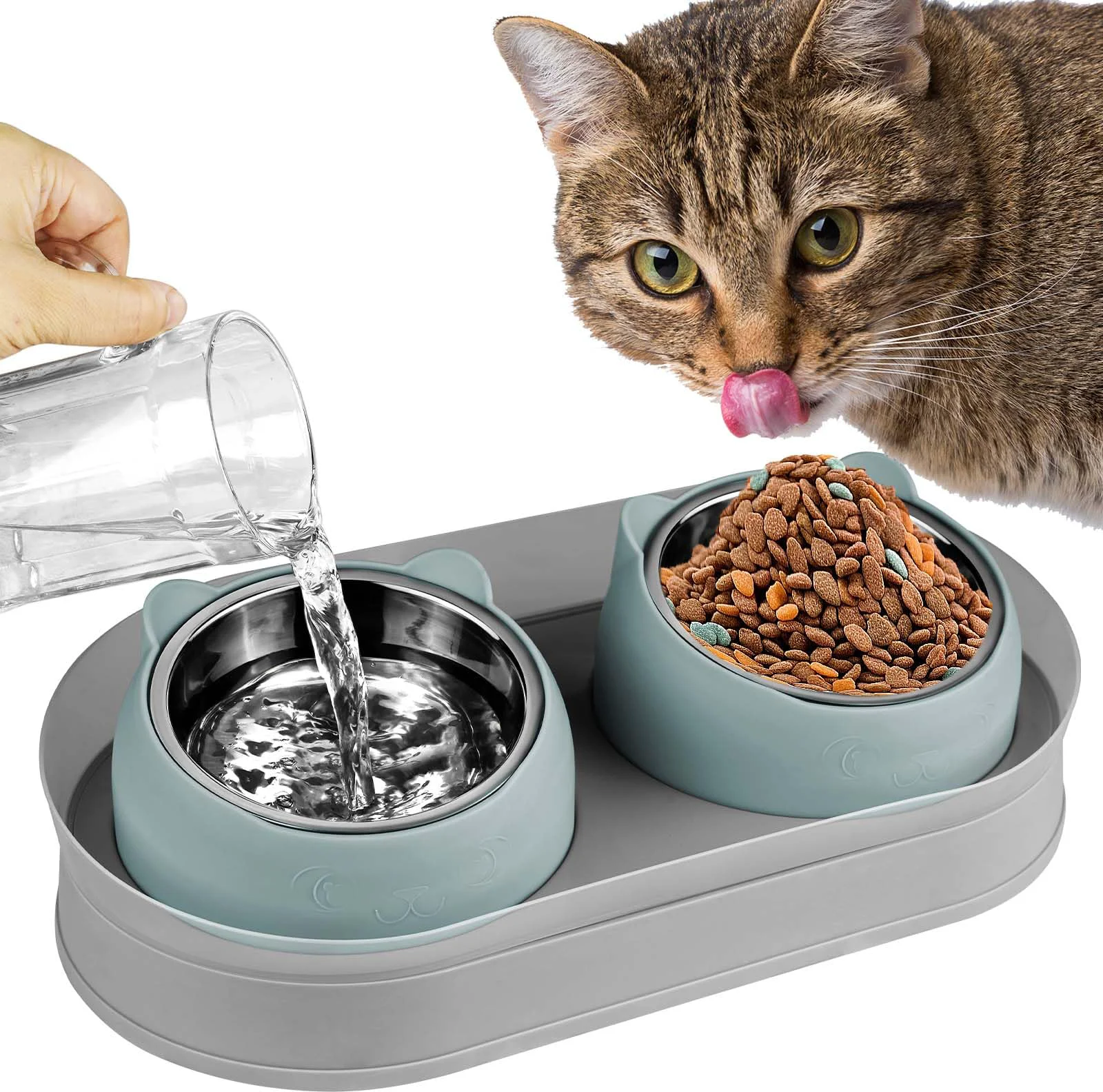 Detailed kevideawl d Tilted Cat Bowls with Stand – Double Food Water Stainless Steel Anti-Vomiting Grayblue Comfortable