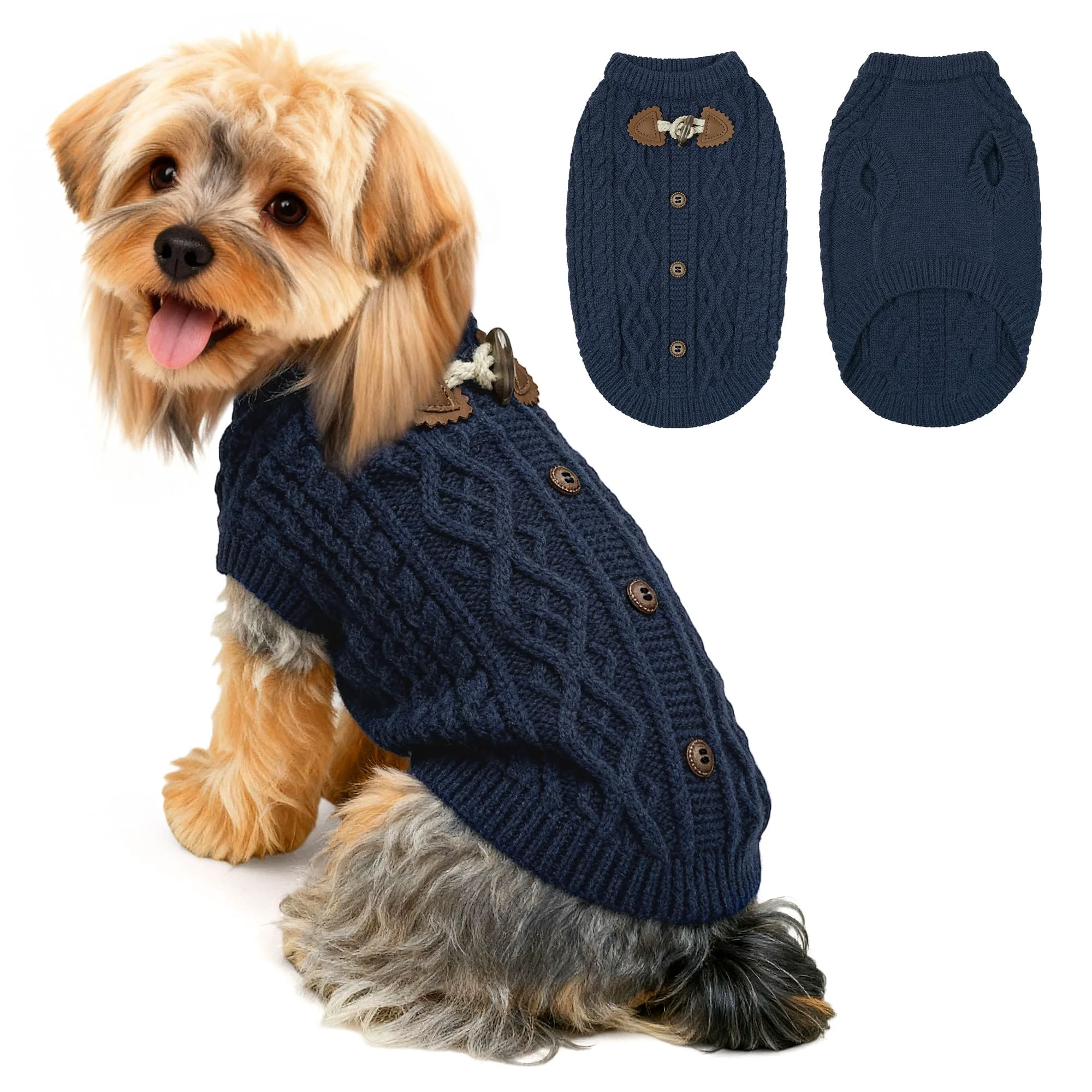 Unique WOYYHO Navy Cable Knit Dog Sweater XL — Cozy Pullover with Horn Button for Small Medium Dogs Secure