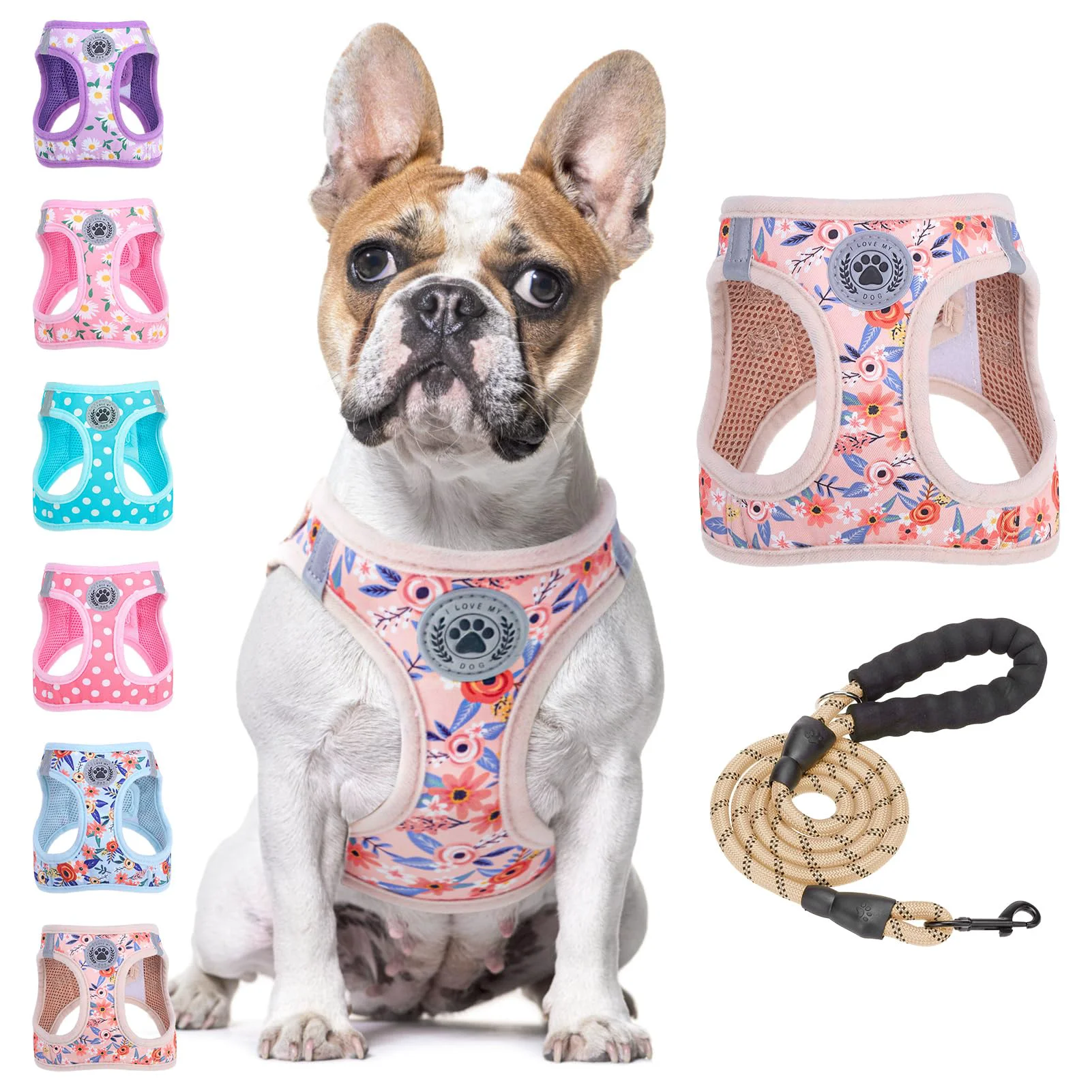 Prestigious BEAUTYZOO Step-in Floral Harness Leash Set No-Pull Reflective Adjustable for Dogs Cats Soft