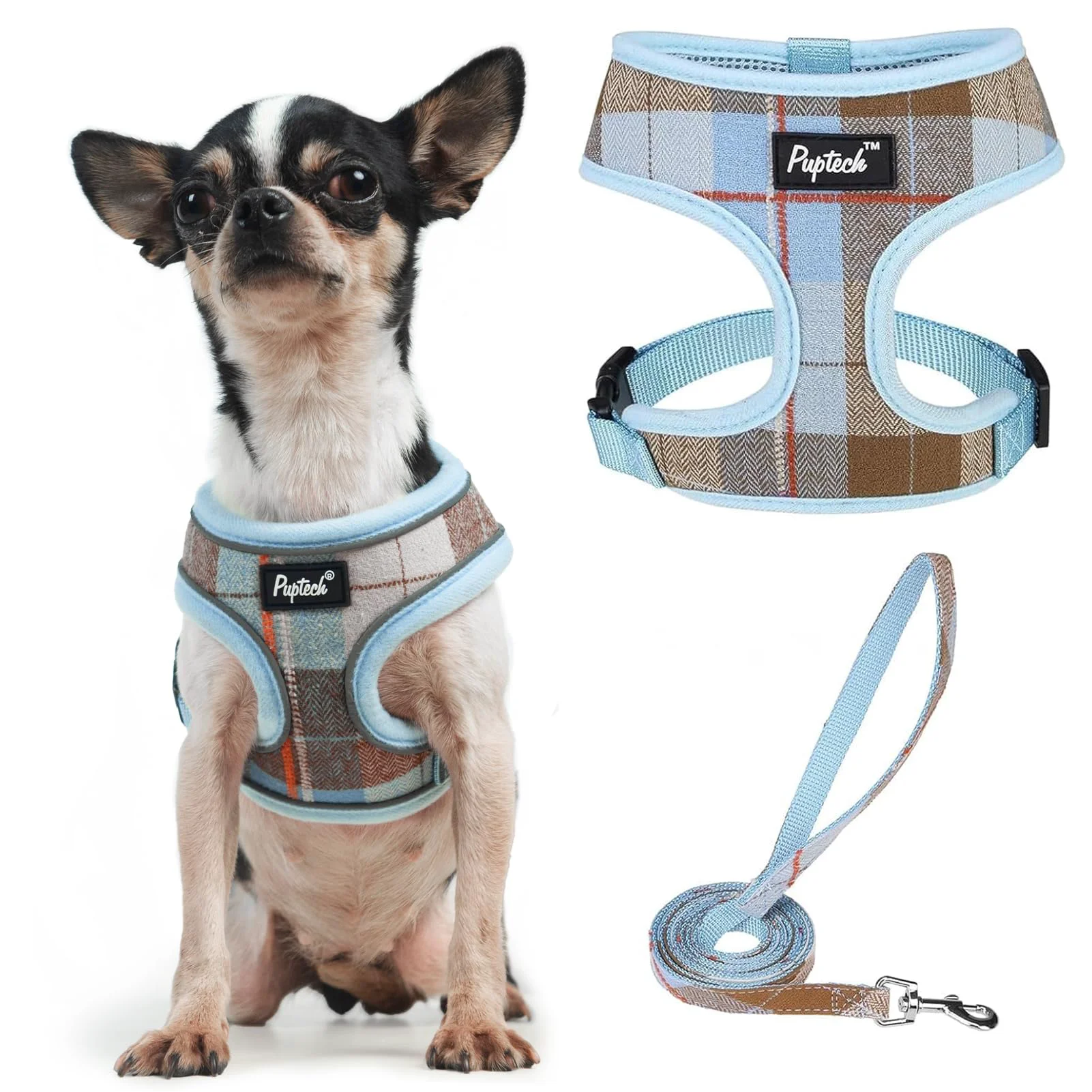 Artisan PUPTECK Soft Mesh Dog Harness Leash Set - No-Pull Lightweight Plaid XS Unique