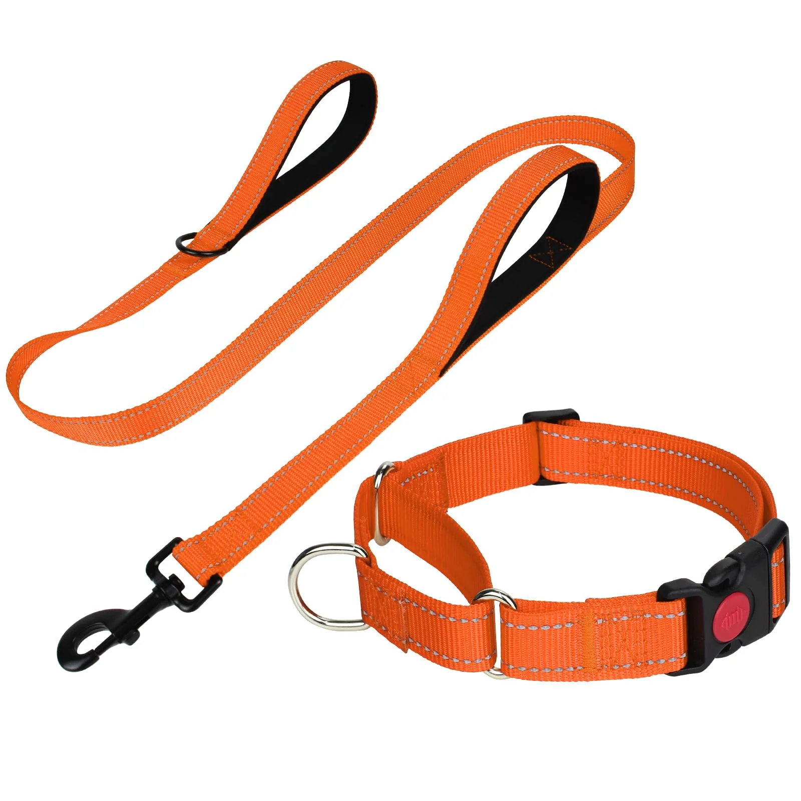 Premium Material FunTags Reflective Martingale Collar 5ft Leash Set for Medium Dogs – Quick Release Double Handle Orange Recyclable