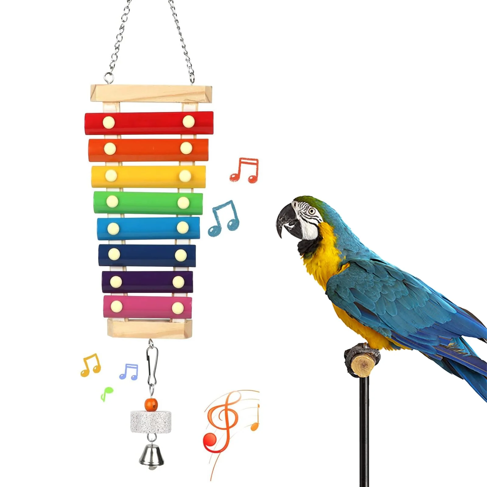 Smart HZAKXIN Large Parrot Suspensible Xylophone Toy – Multicolored Wooden Chewing Toy with Grinding Stone for Large Medium Birds Natural
