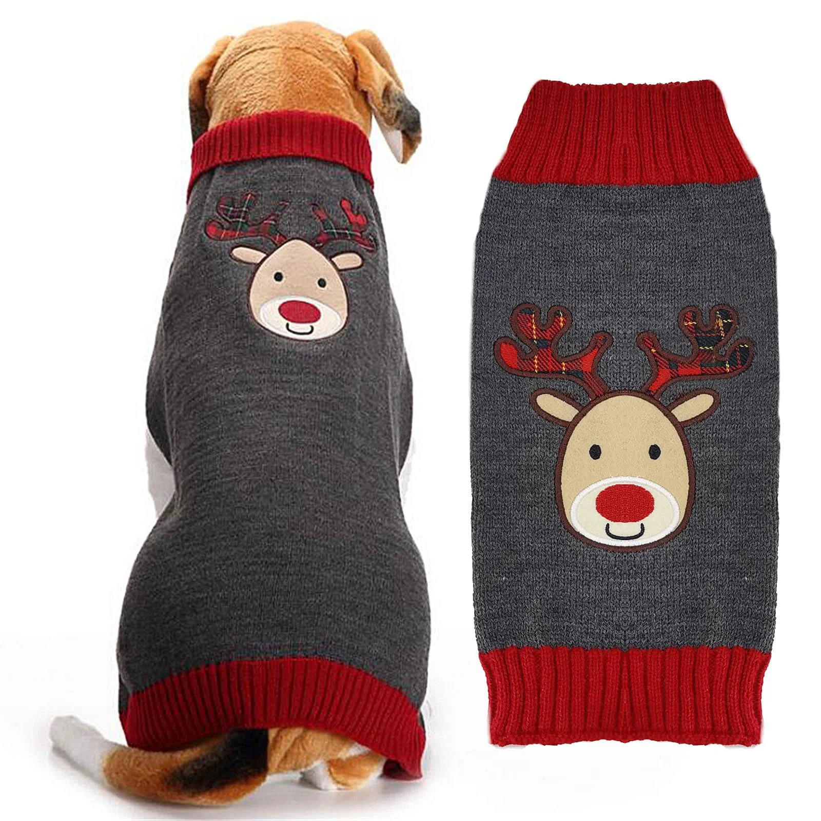 Selected DOGGYZSTYLE Grey Reindeer Christmas Dog Sweater – Cozy Holiday Jumper for Small to XL Dogs Certified