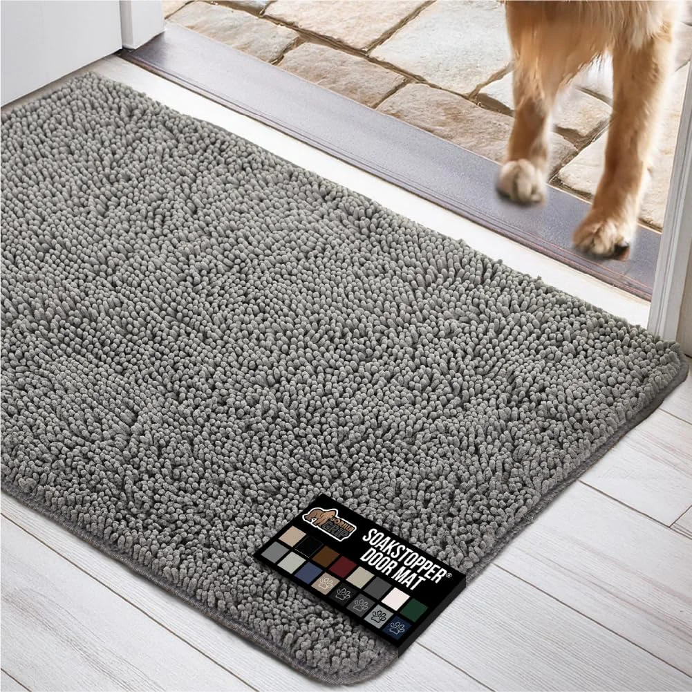 Fine GORILLA GRIP SOAKSTOPPER Dog Door Mat 24x17 in Gray – Absorbent Chenille Entry Rug Machine Washable High-Performance