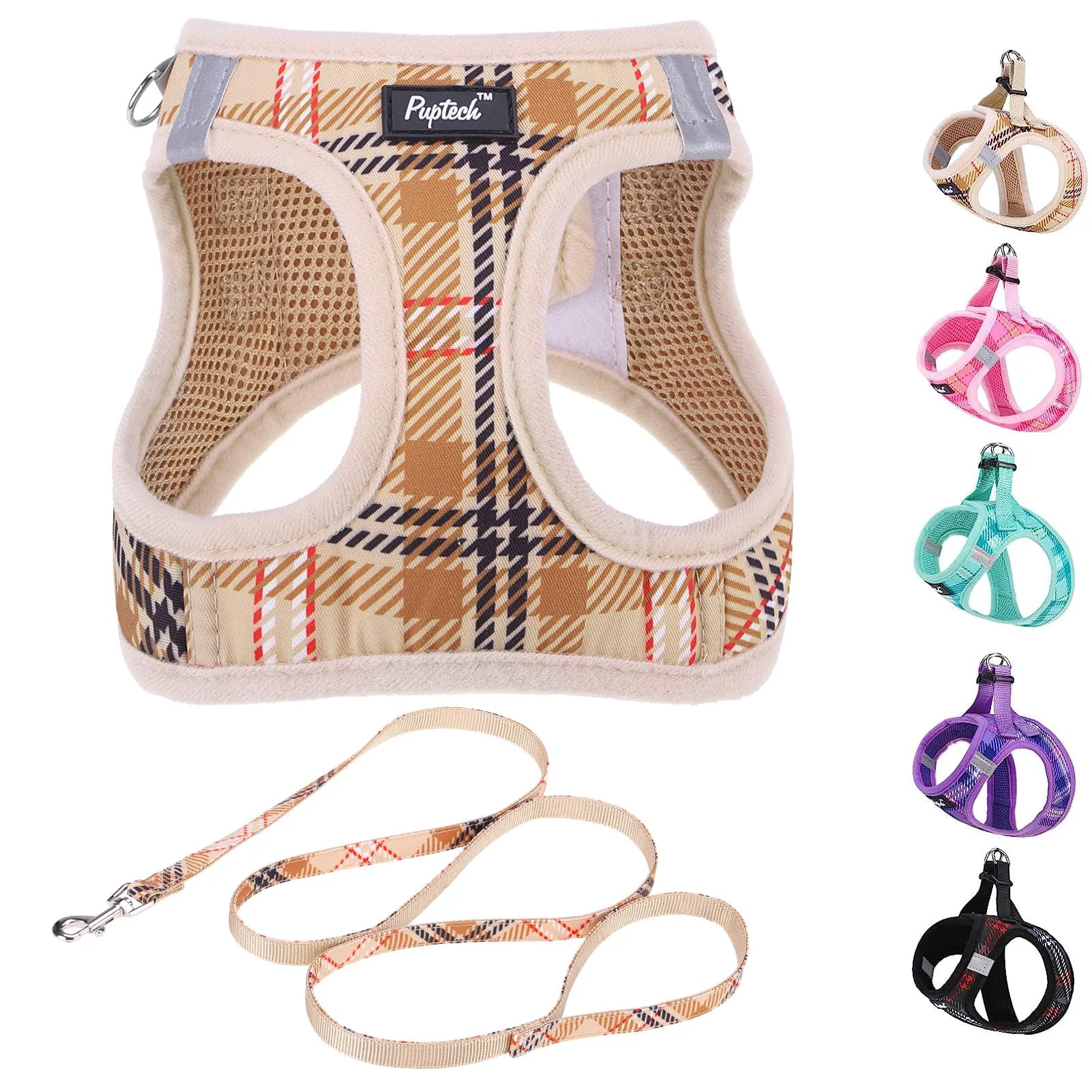 Effective PUPTECK No-Pull Step-In Harness Leash – Plaid Beige Size L for Small to Medium Dogs Elegant