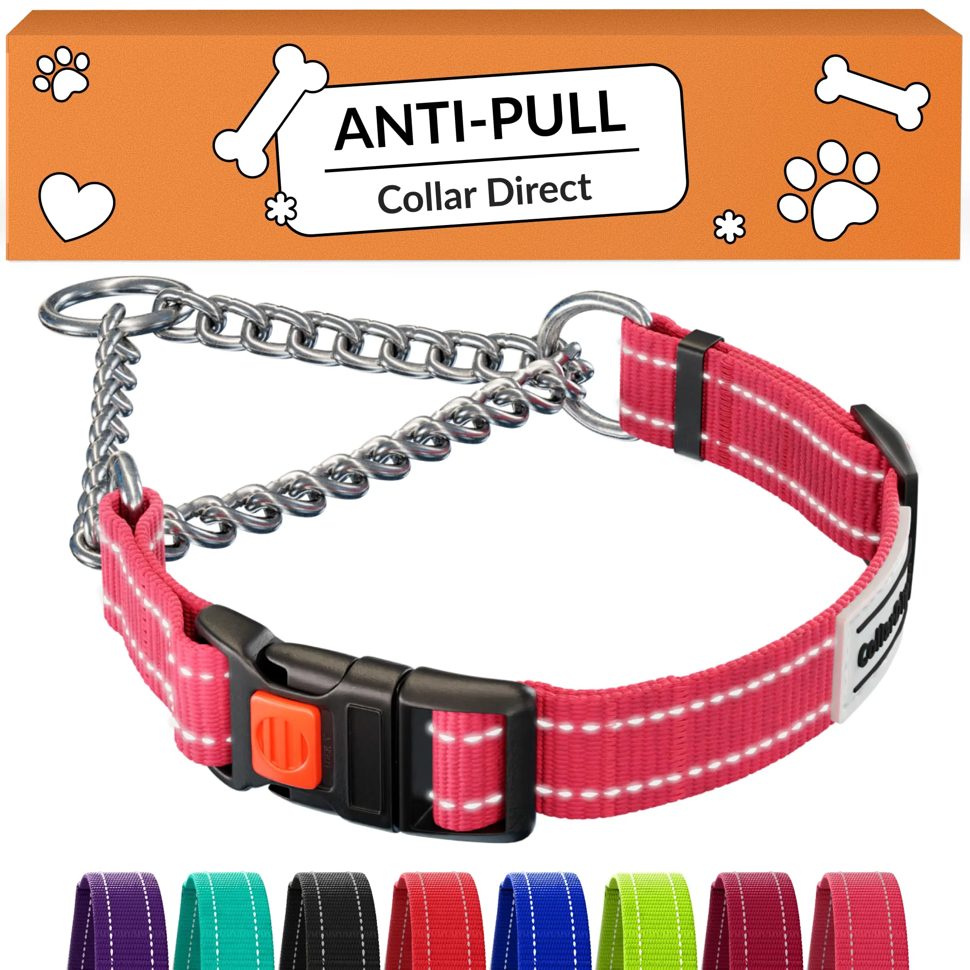 Clean CollarDirect Martingale Dog Collar — Reflective Pink Stainless Steel Chain Quick-Release Buckle Medium 14-17 in First-Class