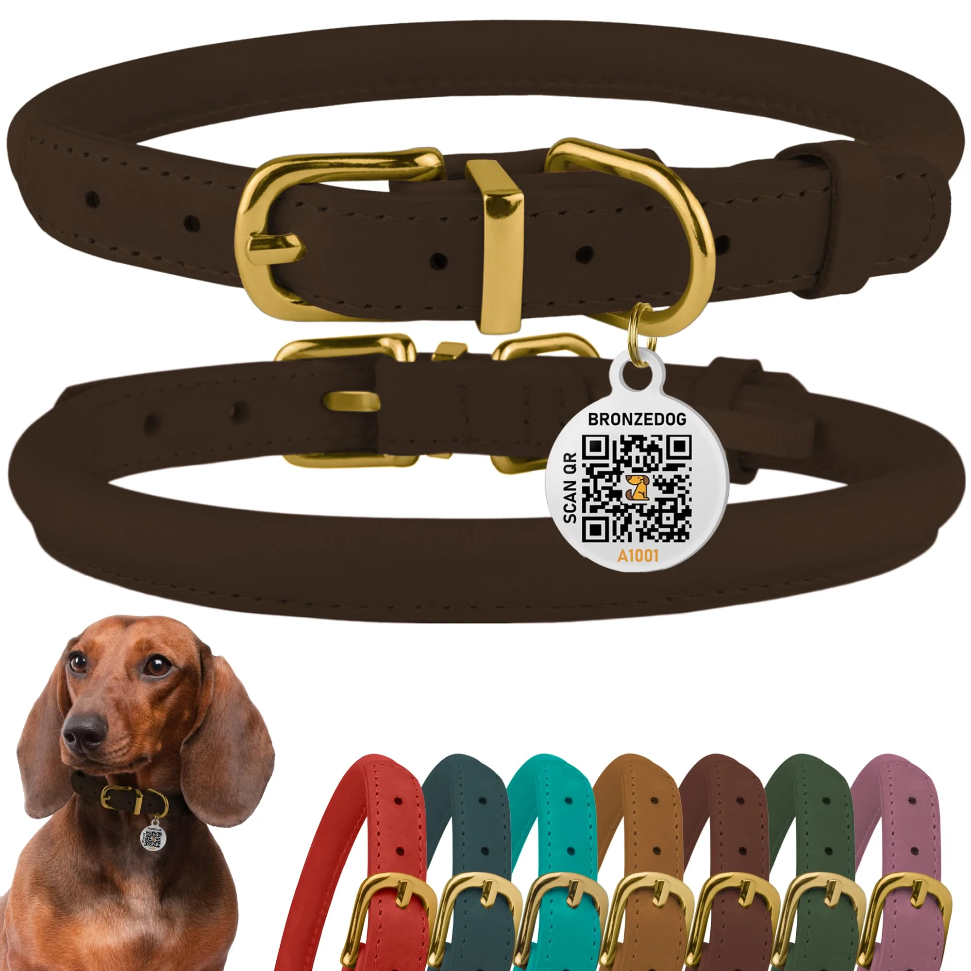 Unique BronzeDog Rolled Leather Dog Collar with QR ID Tag – 9-11 Neck 1 2 Inch Width Brown Clean