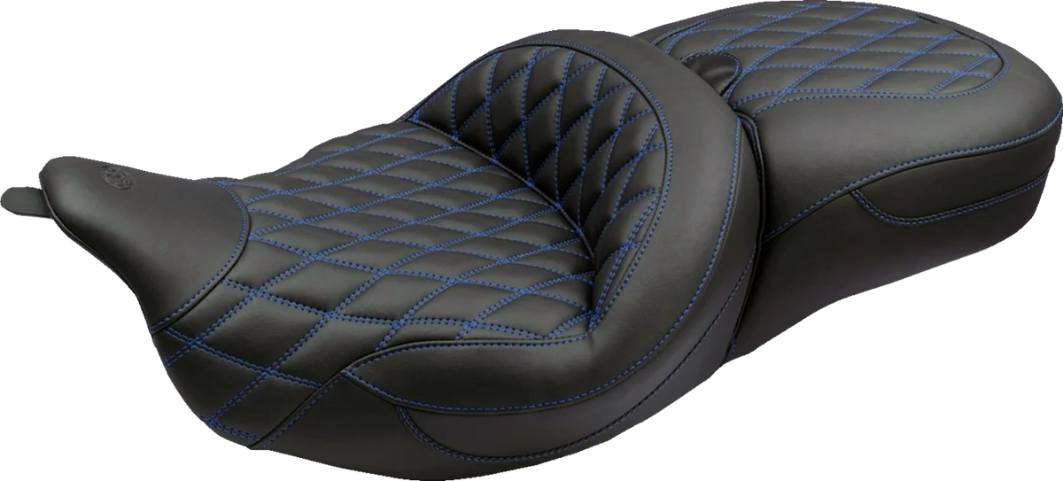 Crafted MUSTANG Super Touring Seat - Double Diamond - Sky Blue Stitch FLH FLT '08-'25 89538SB High-Performance
