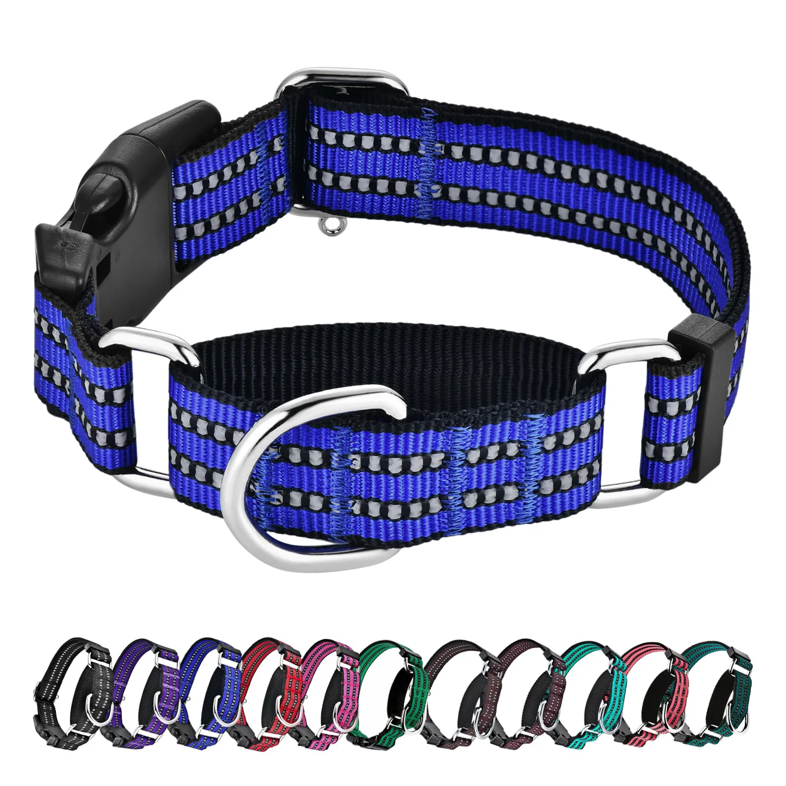 Powerful Hikiko Martingale Collar for Dogs – Reflective Nylon Quick Release Buckle Adjustable No-Slip Training Collar Medium Blue Elite