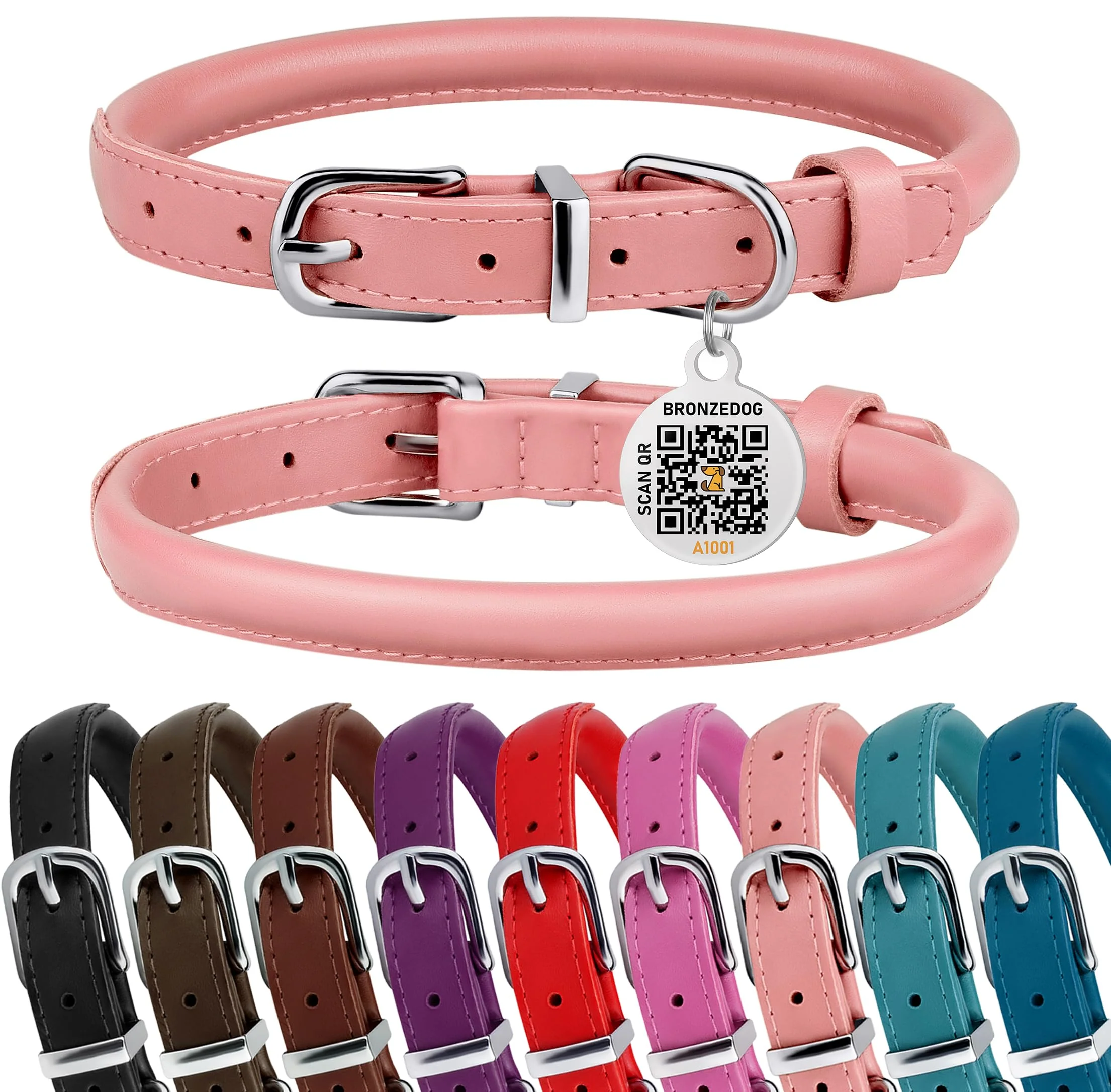 Versatile BRONZEDOG Rolled Leather Dog Collar - Powder Pink XS 9-11 in QR ID Tag Compatibility Organic