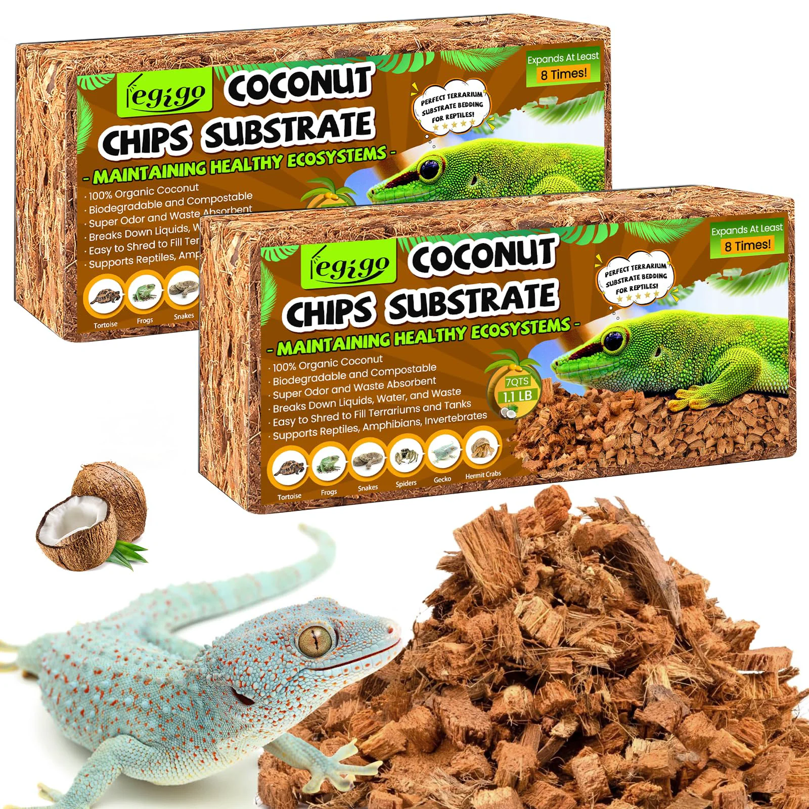 World-Class Legigo 2 Pack Coconut Chip Substrate for Reptiles – Natural Coco Husk Bedding Pure