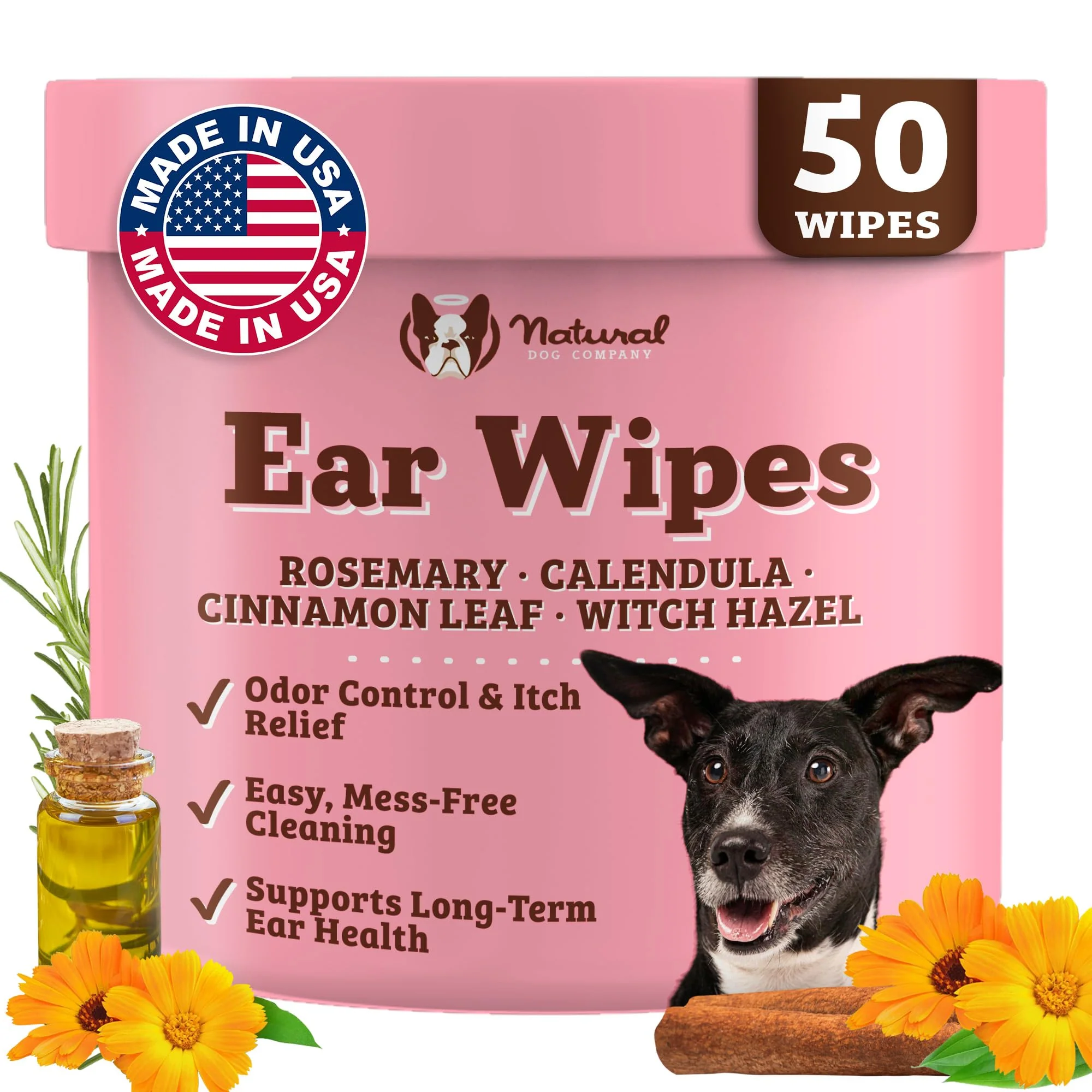 Eco-Friendly Natural Dog Ear Wipes 50 Ct — Gentle Odor-Reducing Ear Cleanser with Calendula Aloe Witch Hazel Vegan Responsible