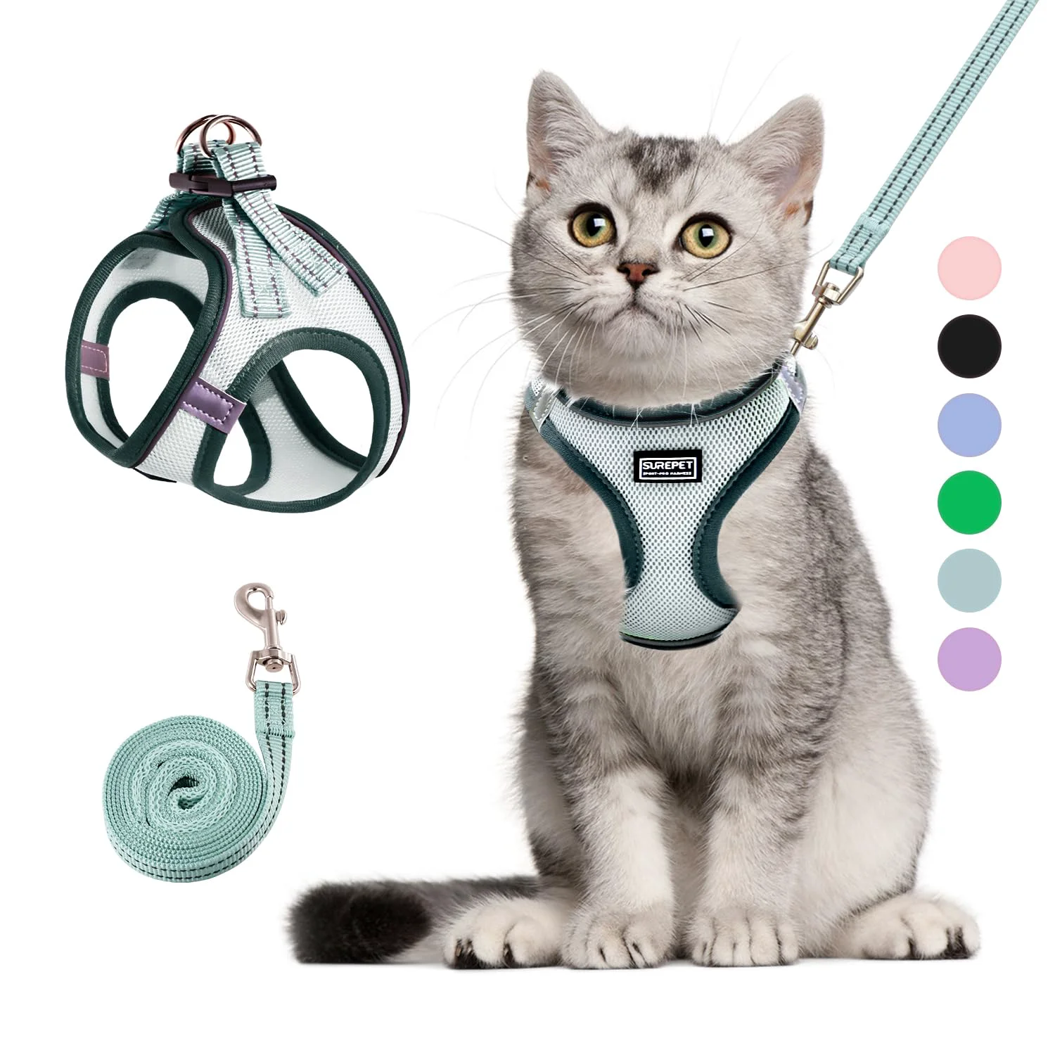 Verified BETMAYPET Cat Harness and Leash Set – Escape-Proof Breathable Vest with Reflective Strips Light Green S Flexible