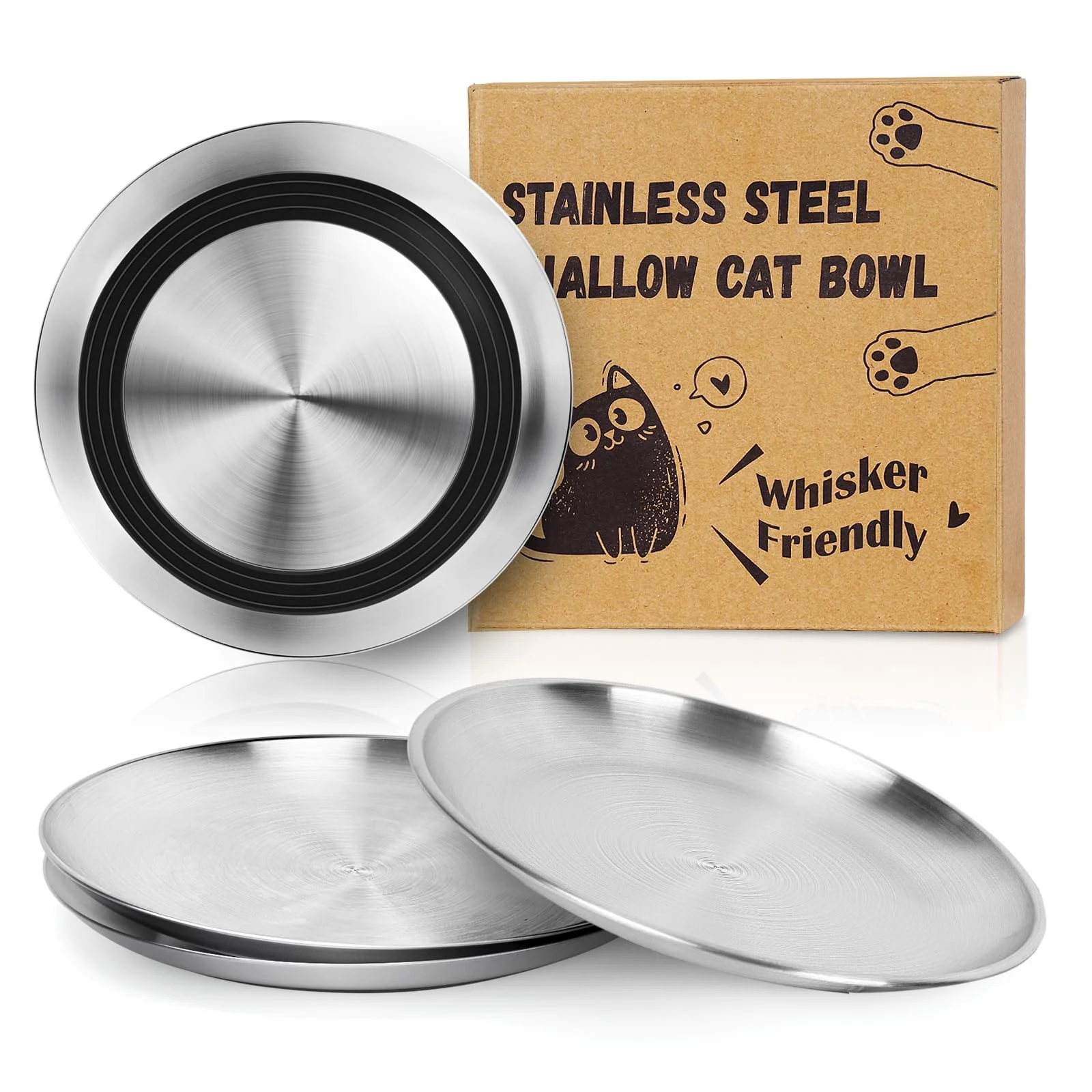 Traditional Supet Stainless Steel Cat Food Bowls – Whisker-Friendly Non-Slip 4-Pack 13 oz Crafted