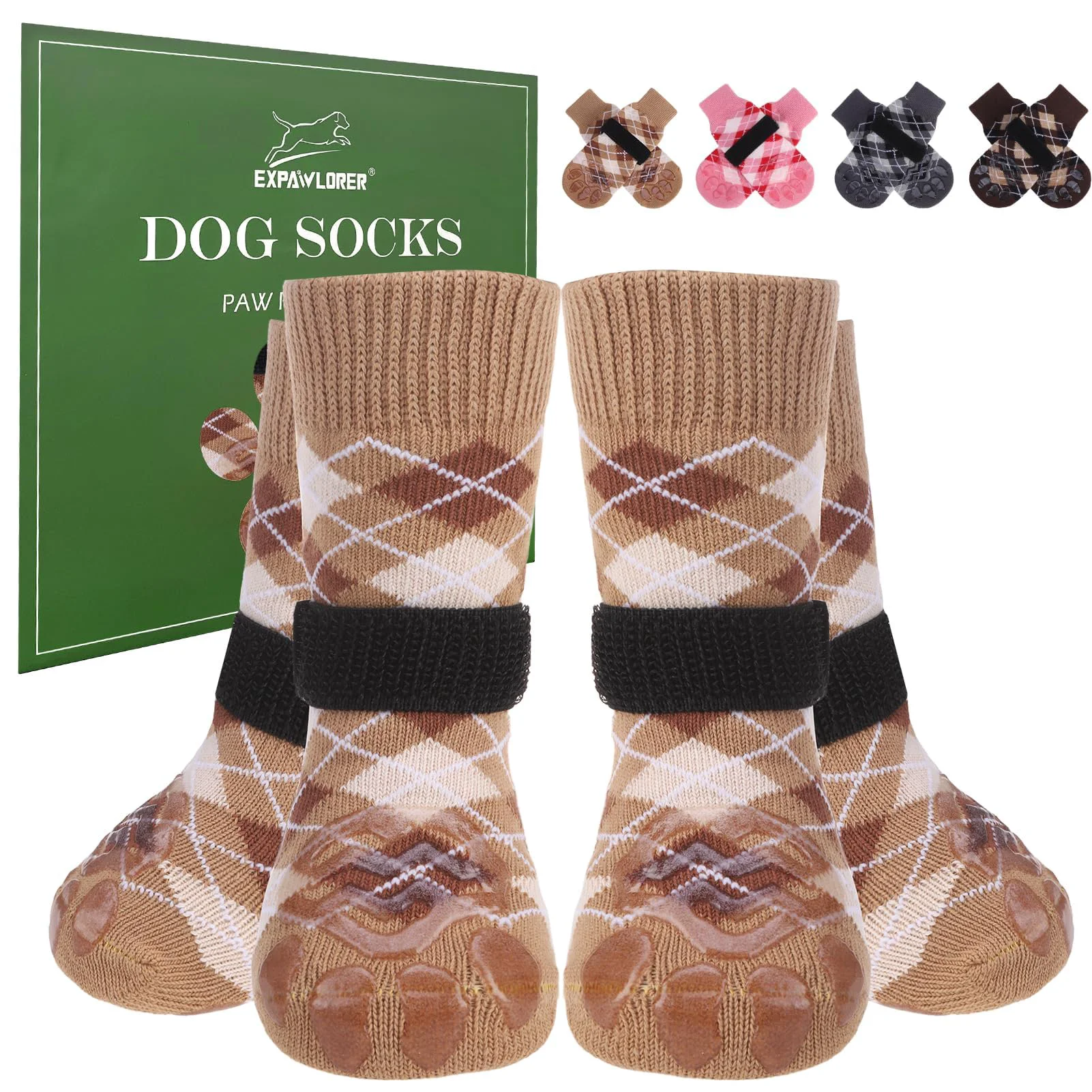 Flexible EXPAWLORER Dog Socks – British Style Double-Sided Grips Khaki XL Organic