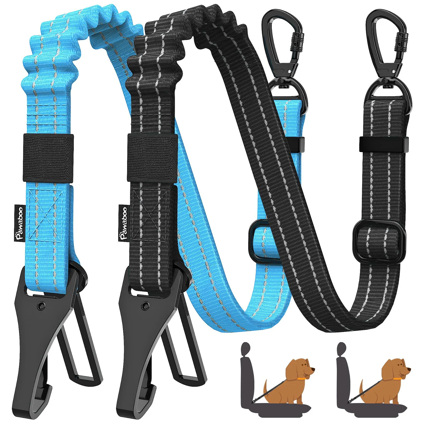 Sustainable Pawaboo 2-Pack Dog Seatbelt for Car 3-in-1 Adjustable Shock-Absorbent Reflective Leash Blue Trusted