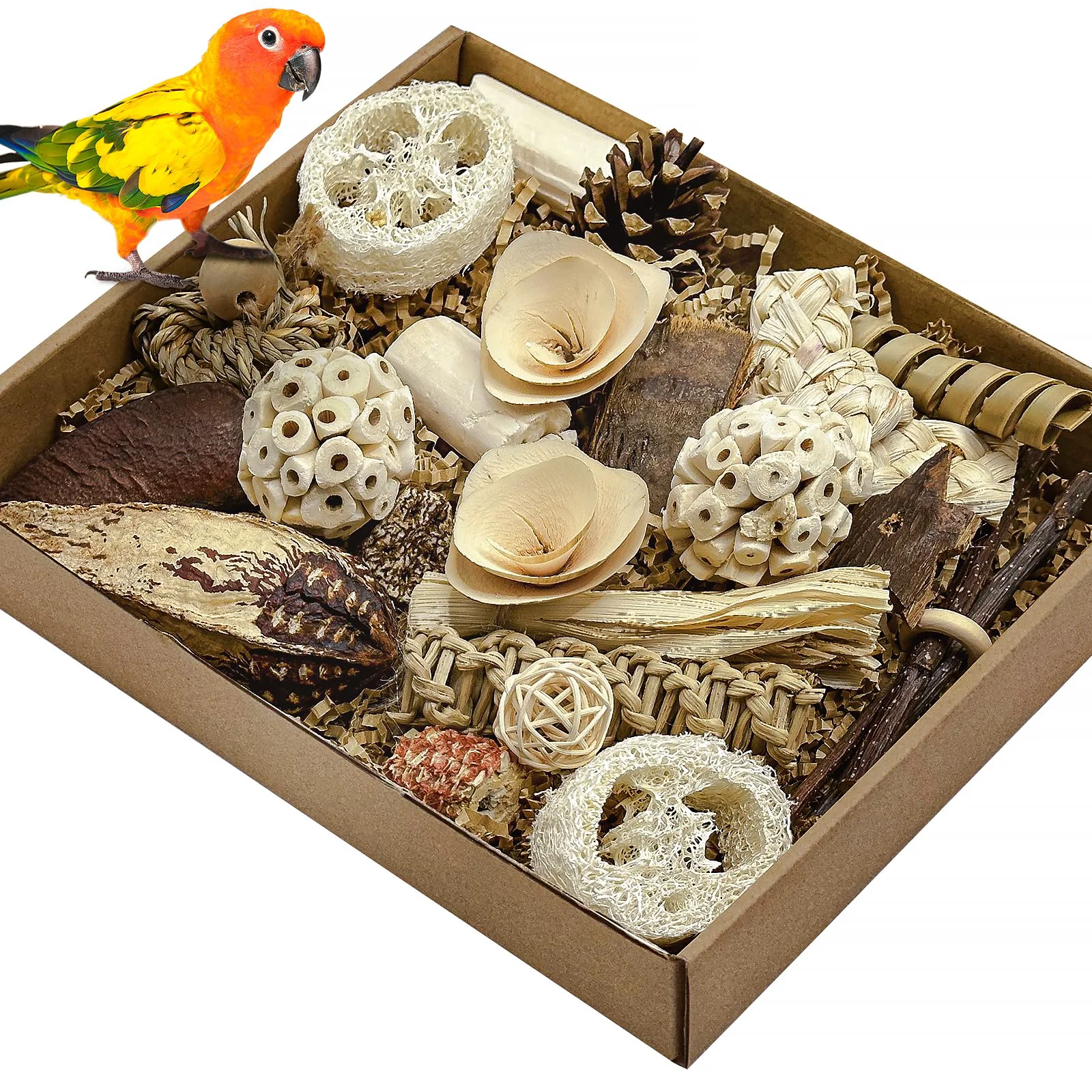 Original LOPERDEVE Natural Bird Toy Box for Foraging Shredding – Parrot Chewing Toys for Conure Budgie Cockatiel Nature Color High-Grade
