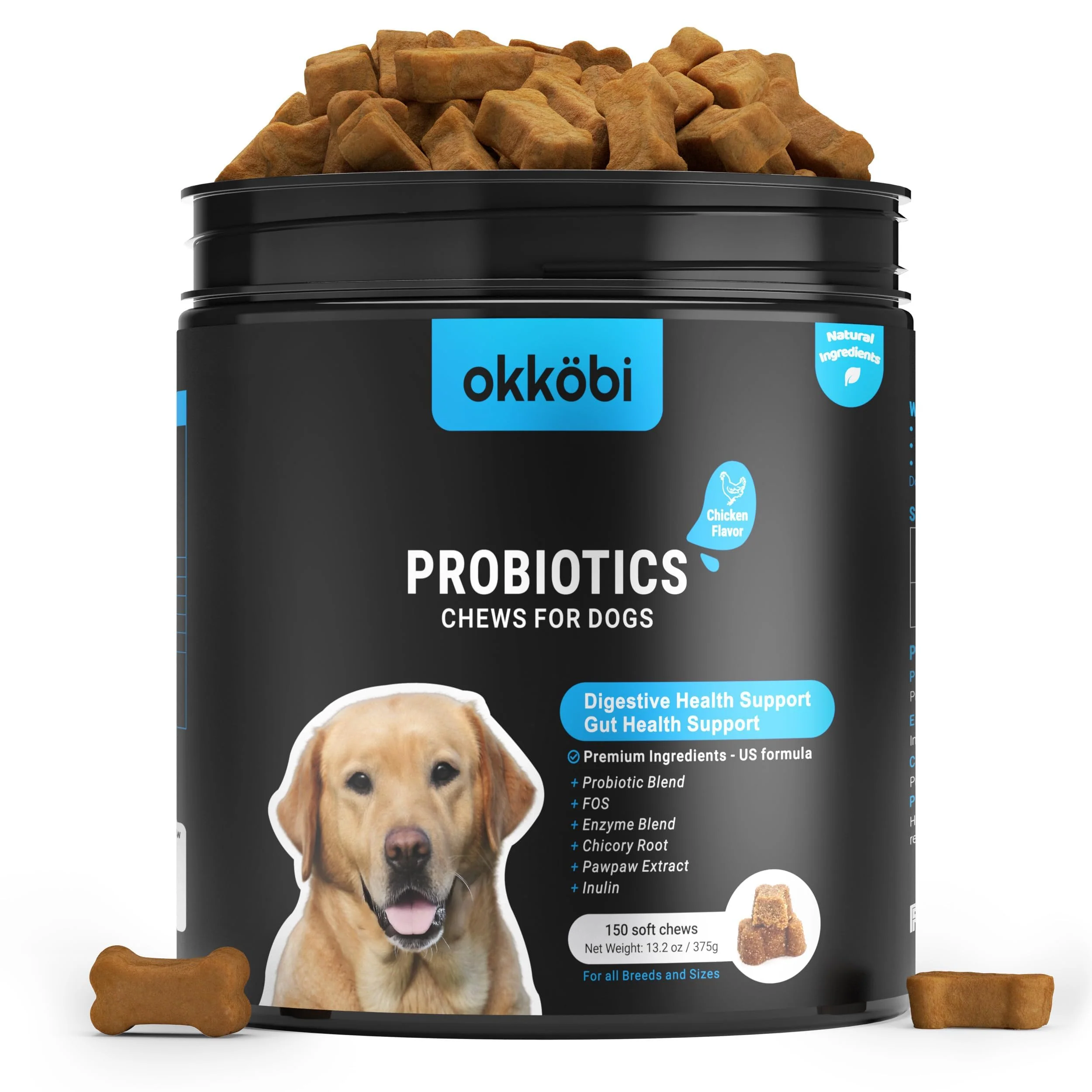 Official OKKÖBI Probiotics for Dogs Chews 150 PCs — Digestive Health Gut Balance Diarrhea Support Practical