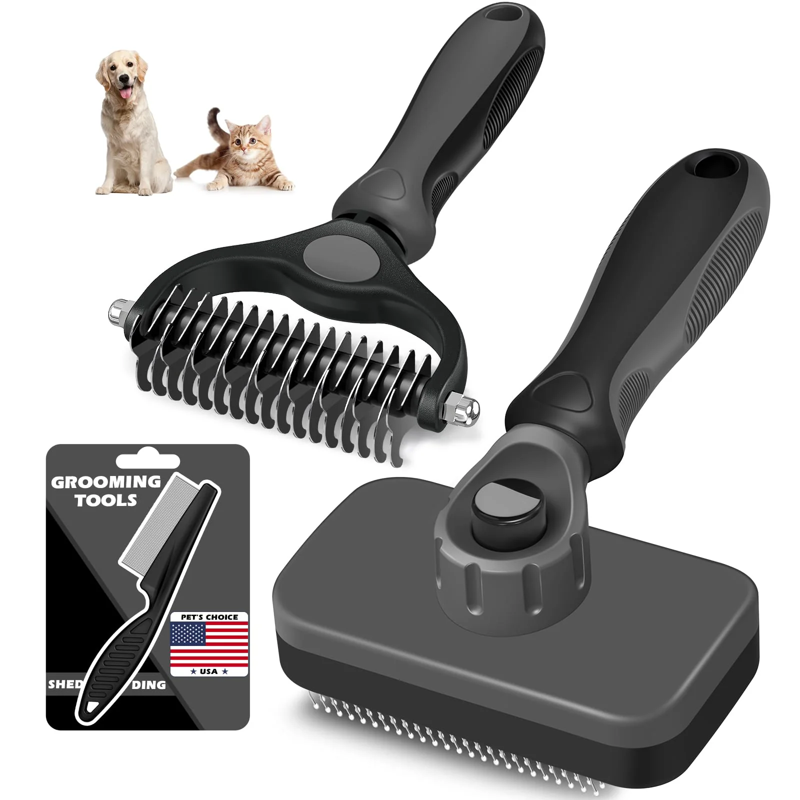 Easy-to-Use Augwind 3PCS Self-Cleaning Pet Grooming Kit — Slicker Brush Dematting Comb Flea Comb Gray Black Powerful