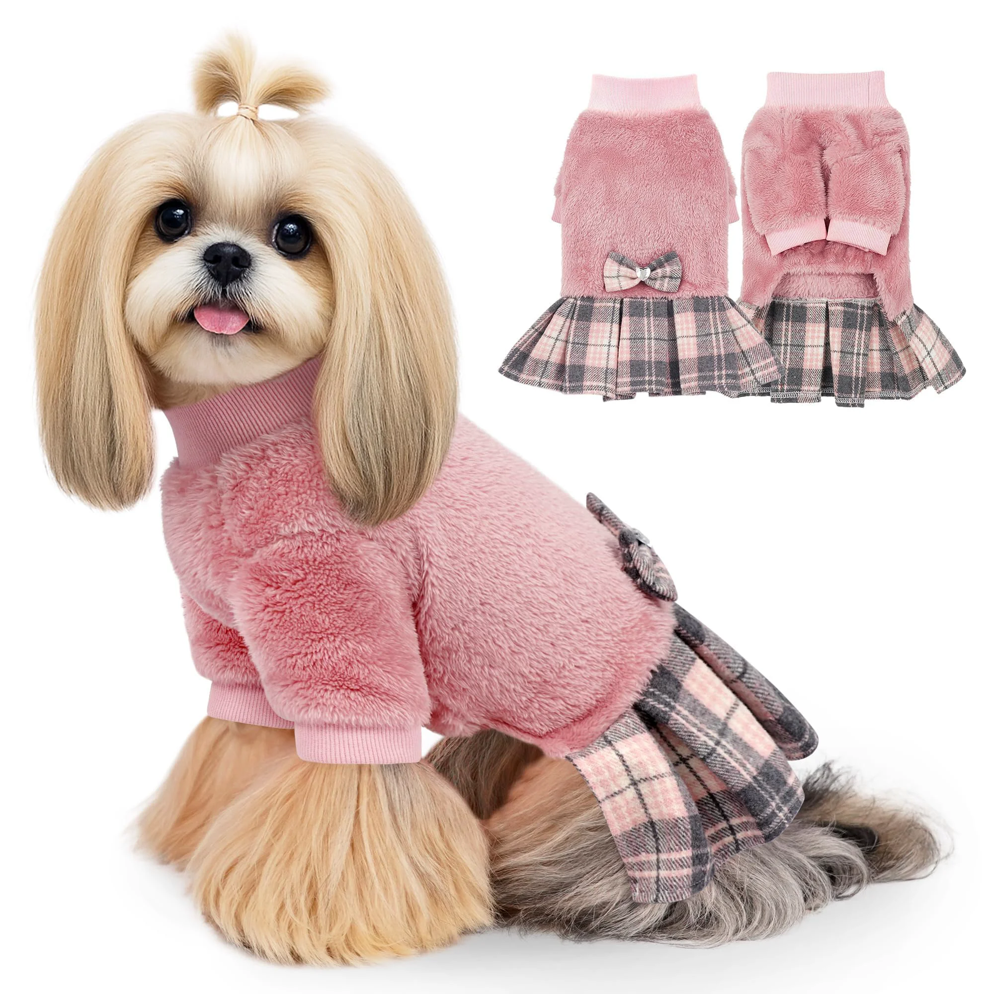 Unique WOYYHO Small Dog Sweater Dress Winter Fleece – Pink Size M Plaid Skirt Bowtie Stylish