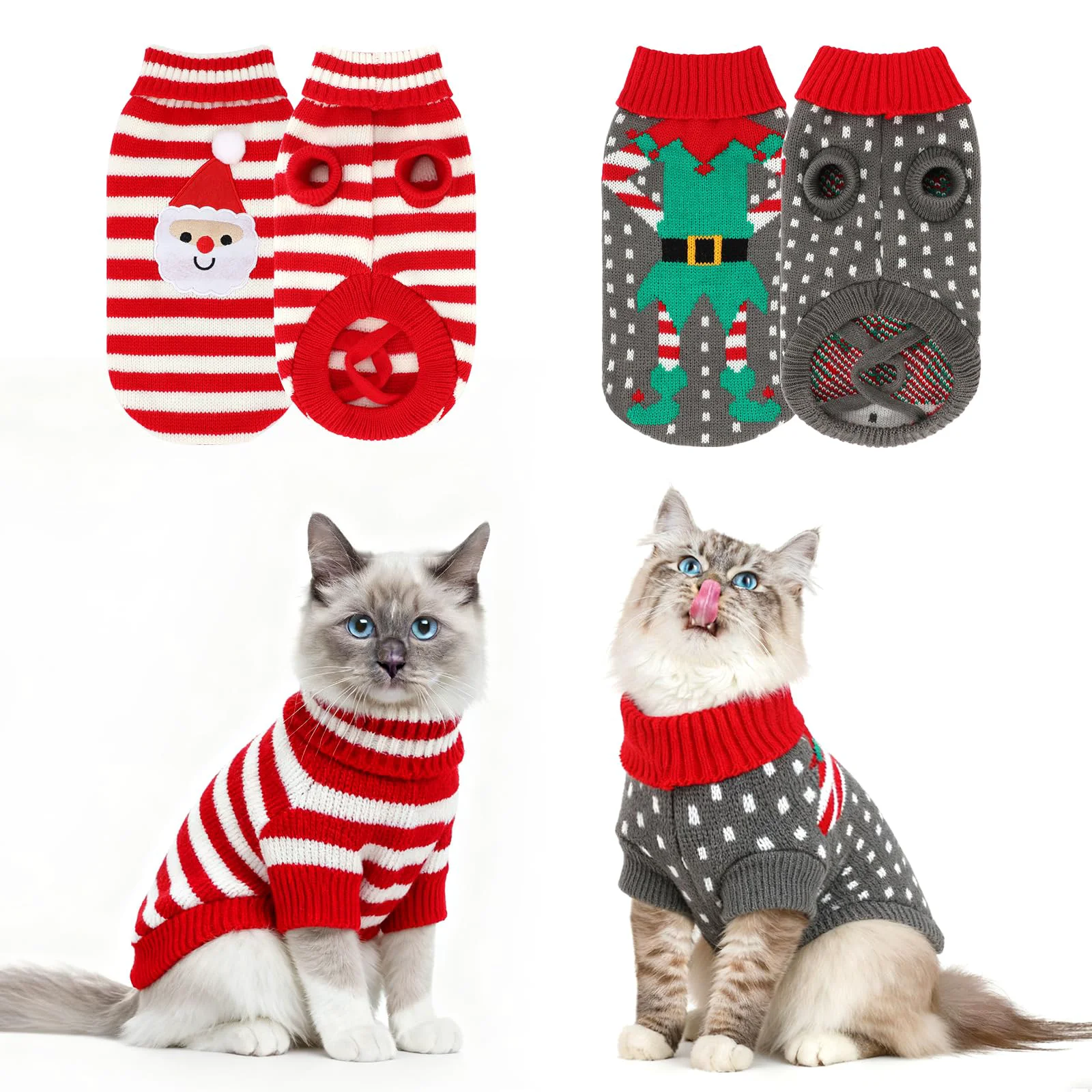 Refined BWOGUE 2 Packs Cat Christmas Sweater — Warm Soft Knitwear for Small Cats Dogs Santa Clown Patterns First-Class