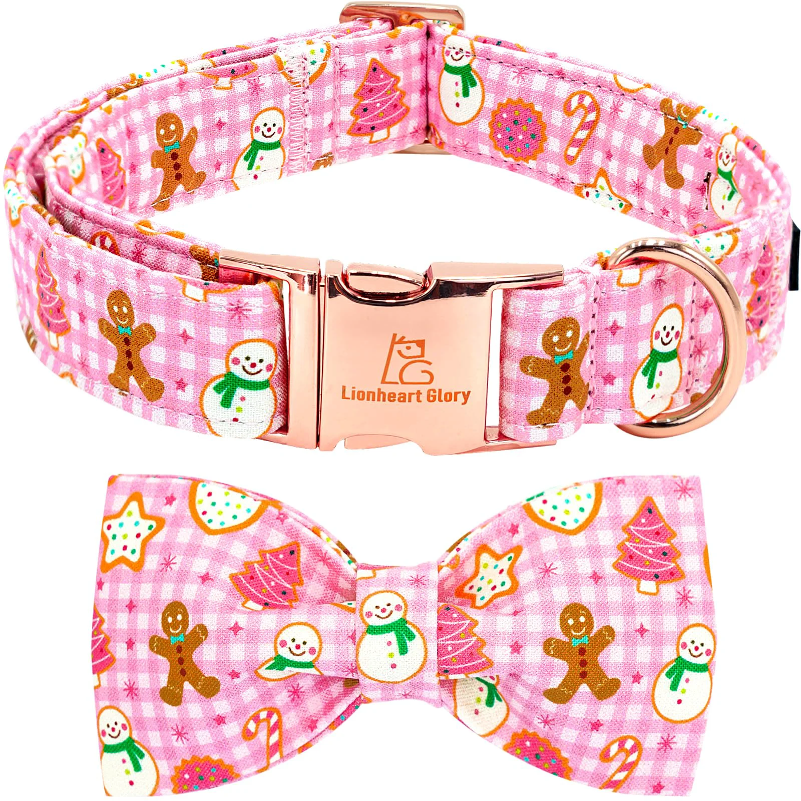 Responsible Lionheart Glory Christmas Dog Bow Collar – Pink Plaid with Tree Gingerbread Design Medium Sustainable