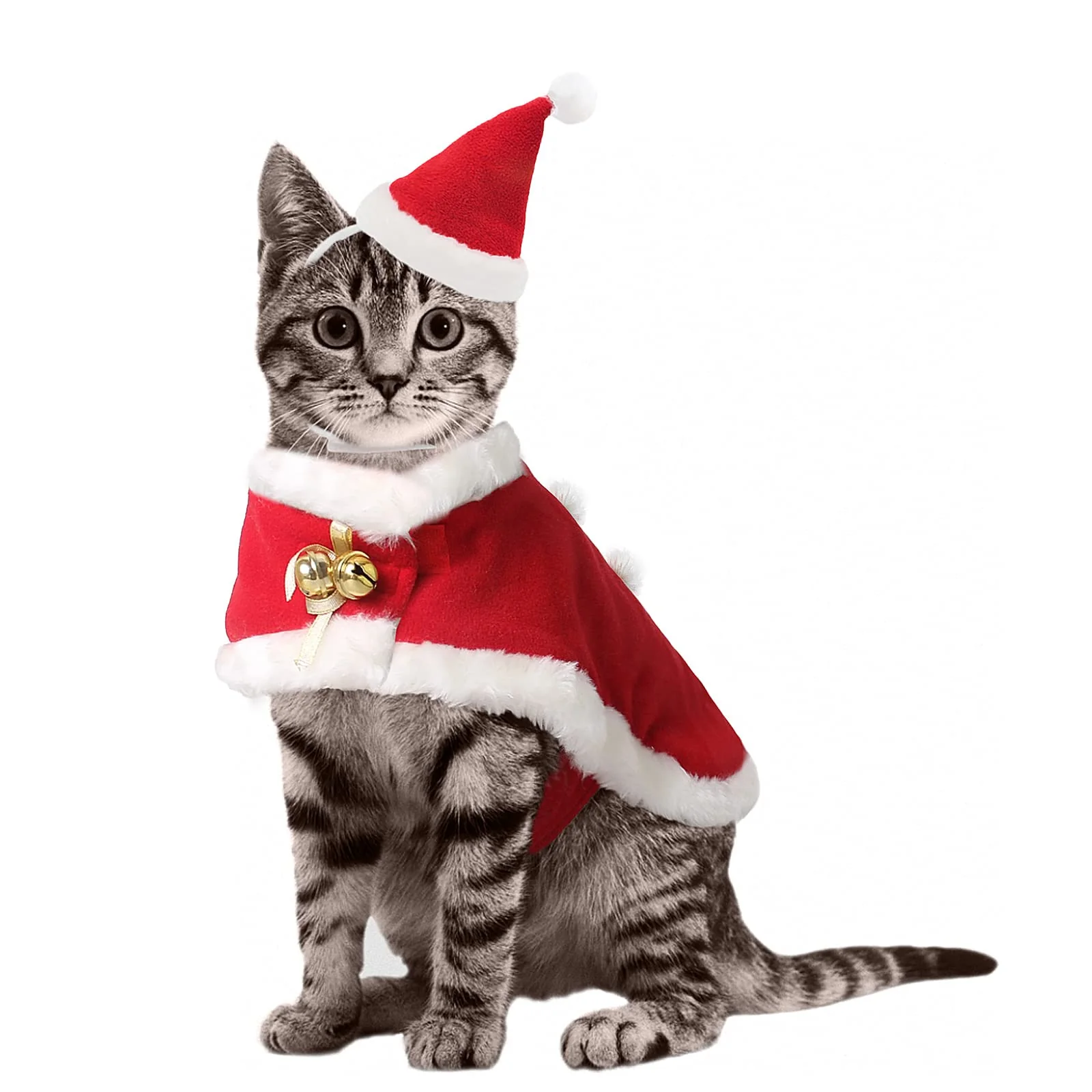 Sustainable Enjoying Cat Christmas Costume — Adjustable Santa Hat Red Cloak High-Quality