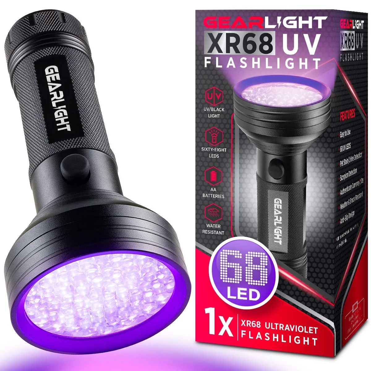 Official GearLight XR68 UV Flashlight 68 LED Blacklight for Pet Stains Scorpions Bed Bugs Premium Material